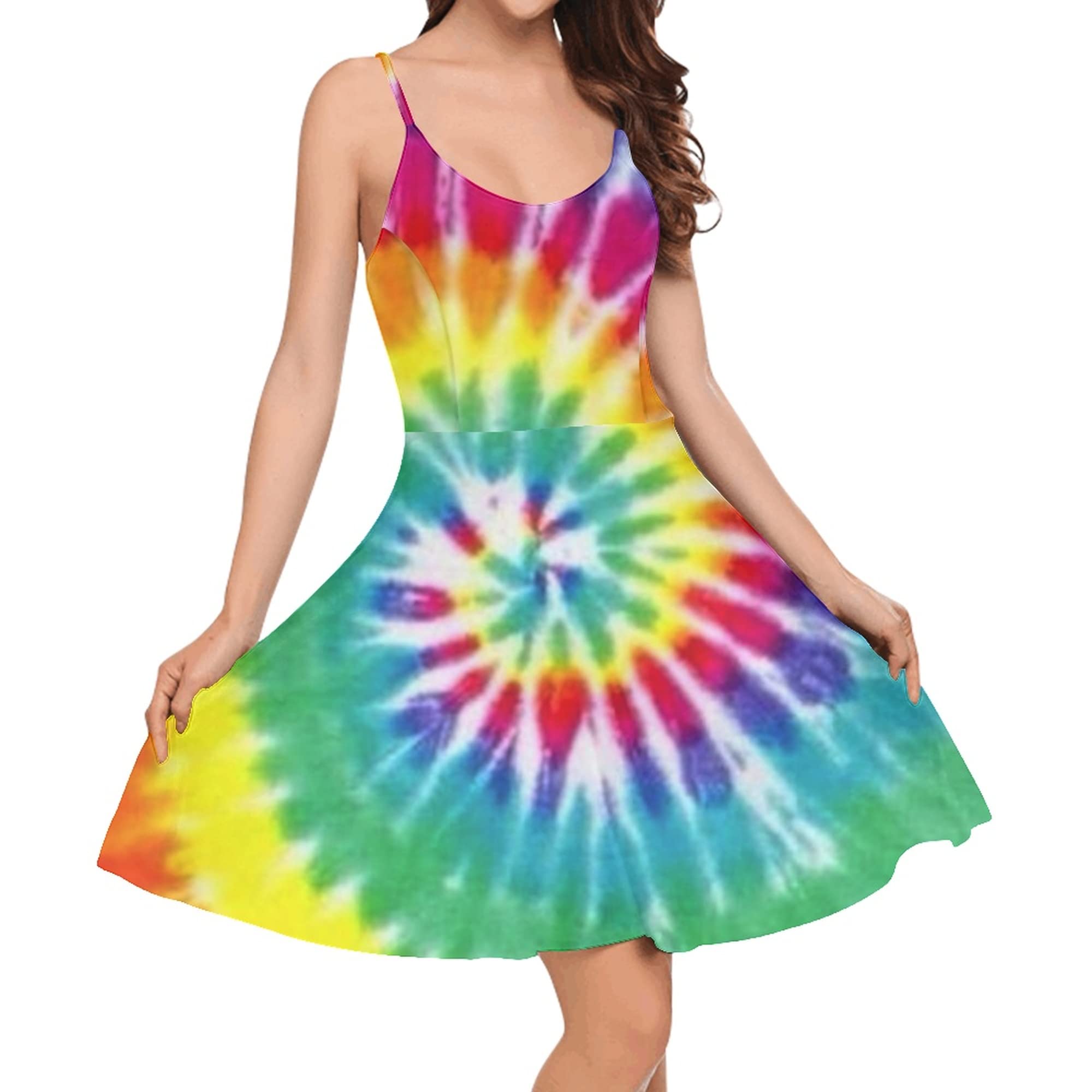 Hippie Tie-Dye Women's Sleeveless Dress with Adjustable Straps - Boho Summer Cocktail & Casual Sundress for Beach, Festival, and Vacation Wear