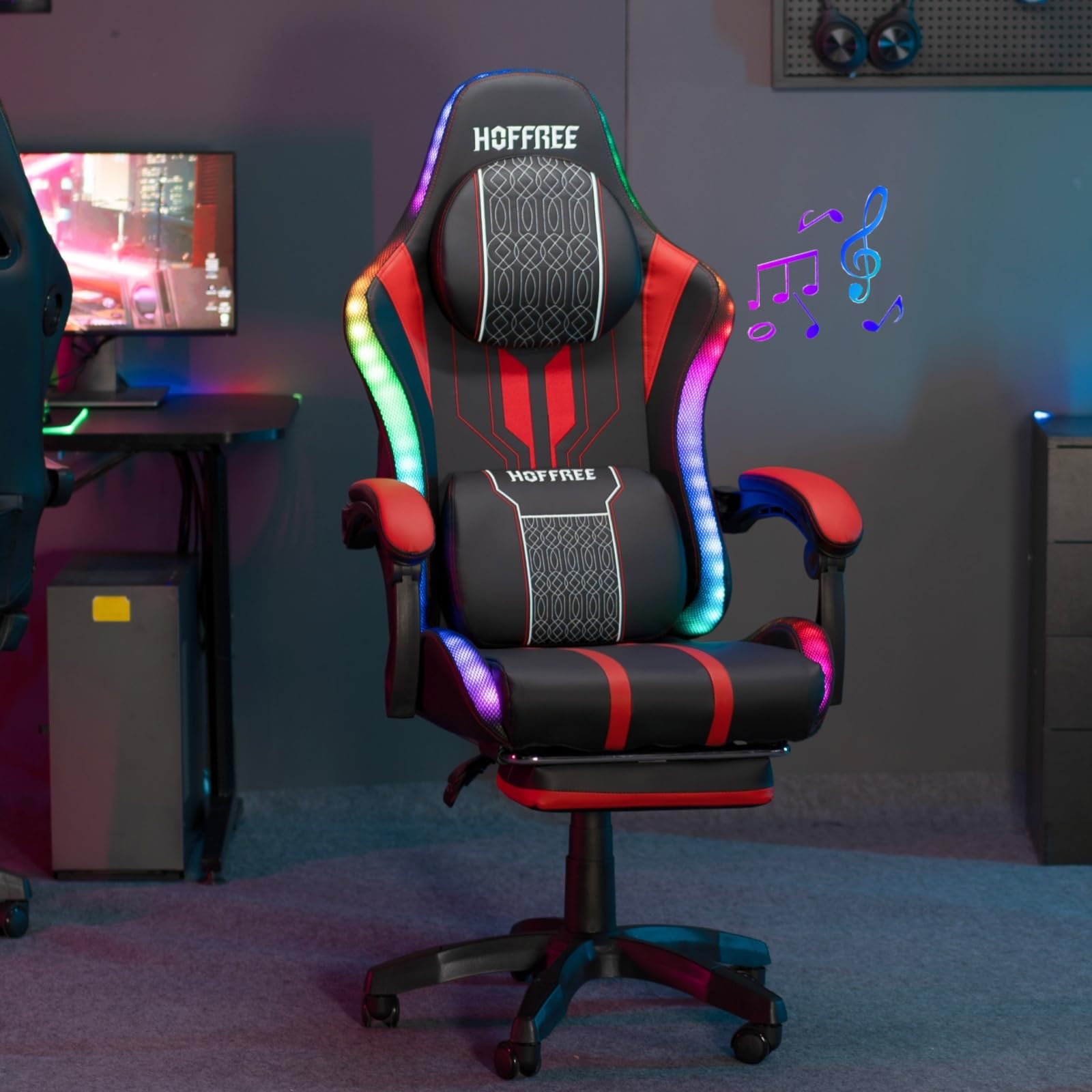 HOFFREE LED Gaming Chair with Massage & Bluetooth Speakers - Ergonomic Big and Tall PC Gaming Chair with Footrest for Adults up to 400lbs - Red and Black Computer Desk Chair for Esports, Streaming & Office Work