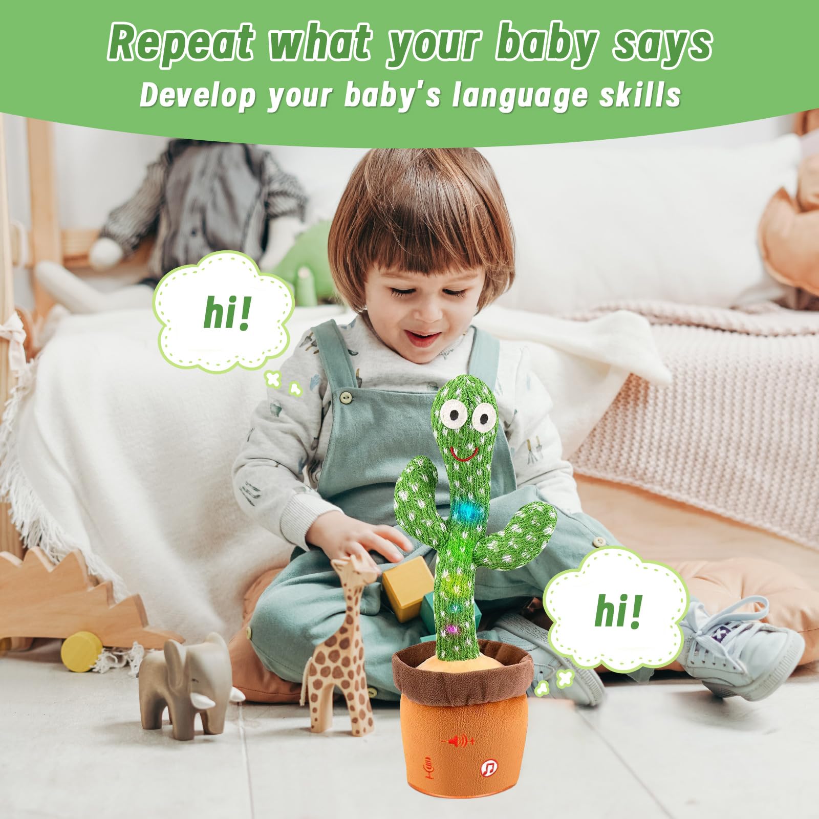 Interactive Dancing Talking Cactus Toy - Adjustable Volume, Repeats Speech & Glows for Babies & Kids | Fun Musical Imitation Learning Toy for Playtime, Birthday Gifts & Early Childhood Development