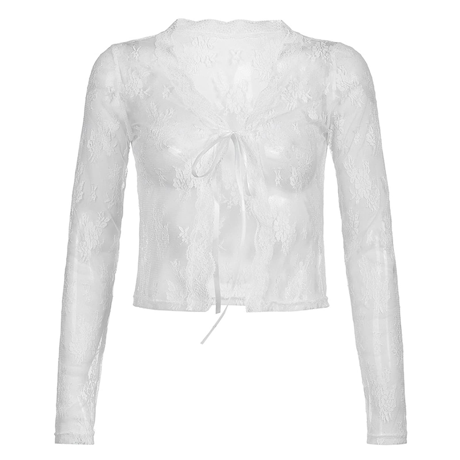 Women's Sexy Sheer Long Sleeve Floral Lace Cropped Cardigan - Y2K Tie-Up Shrug for Club Party & Streetwear | Perfect for Night Out, Date Night & Festival Fashion
