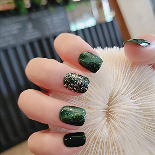 24pcs Aurora Effect Fake Nails with Glue - Fashionable Detachable Jade Green Flash Diamond Press on Nails for Women | Perfect for Parties, Weddings, and Special Occasions