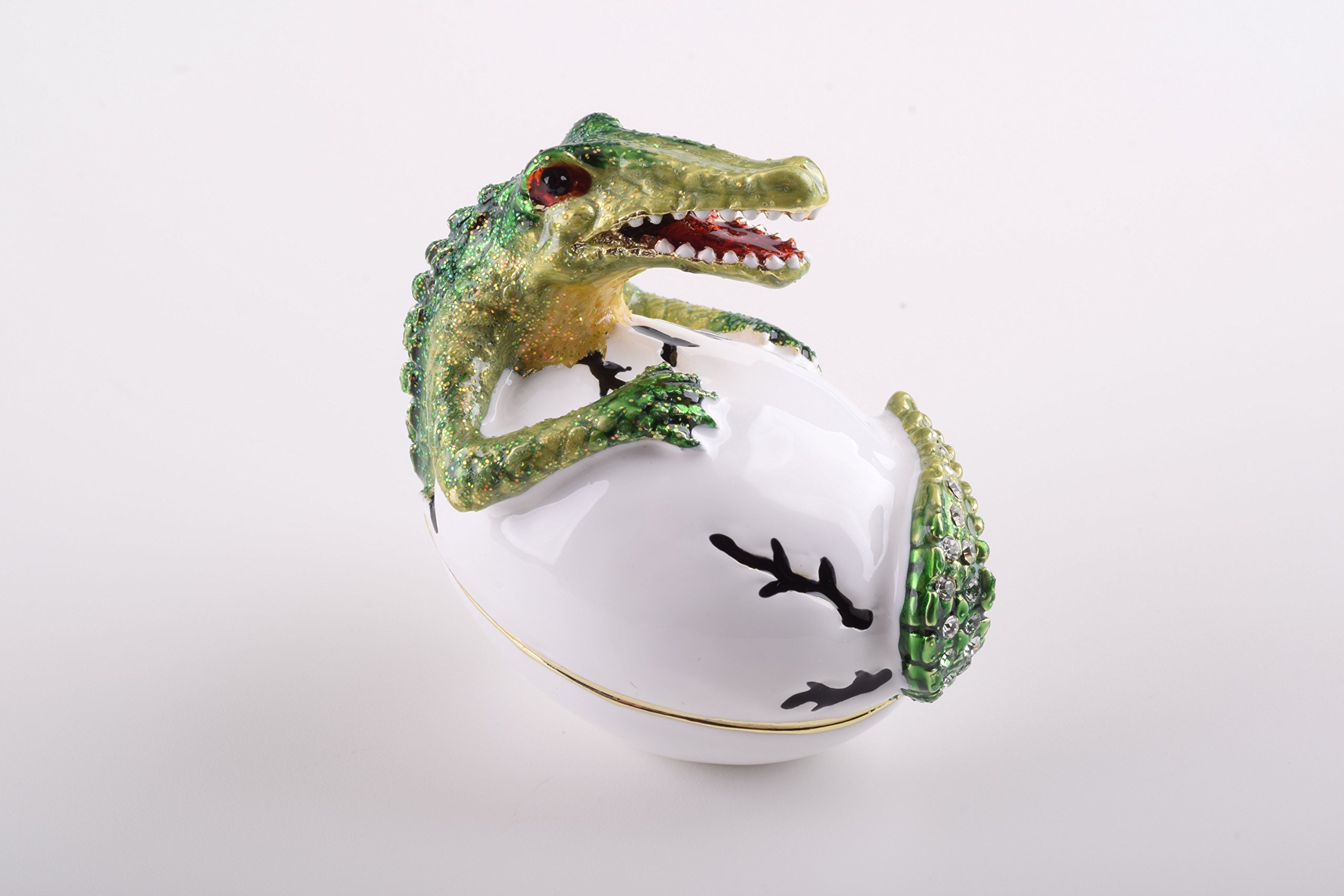 Keren Kopal Alligator Trinket Box Faberge Style - Handcrafted Jewelry Storage Decorated with Austrian Crystals, Unique Home Decor for Vanity, Dresser & Gift Giving