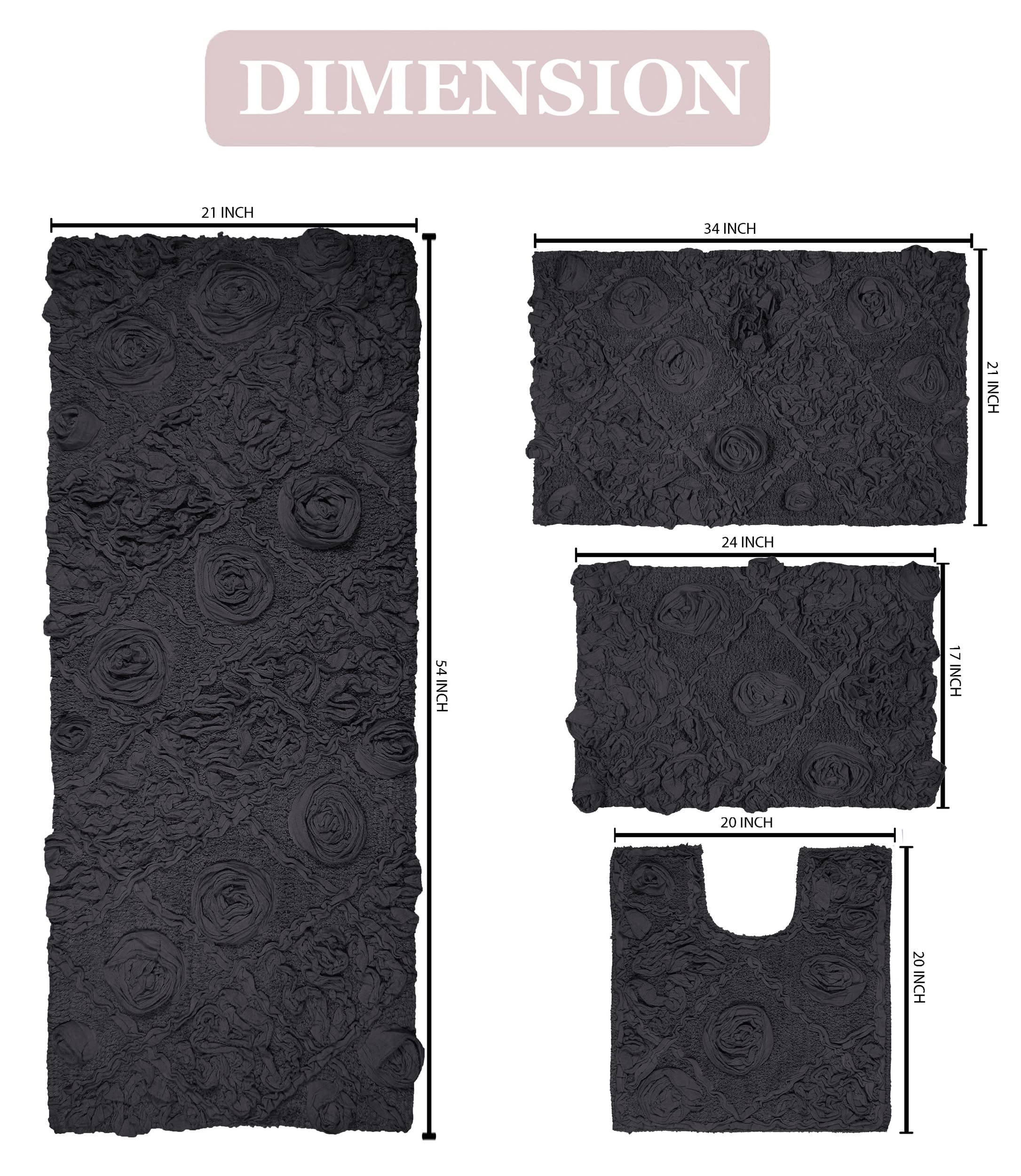 Premium 100% Cotton Bath Rug Set - Super Soft & Absorbent Non-Slip Bathroom Mats with Runner (4-Piece, Gray) - Washable for Bathroom, Kitchen & Entryway Use
