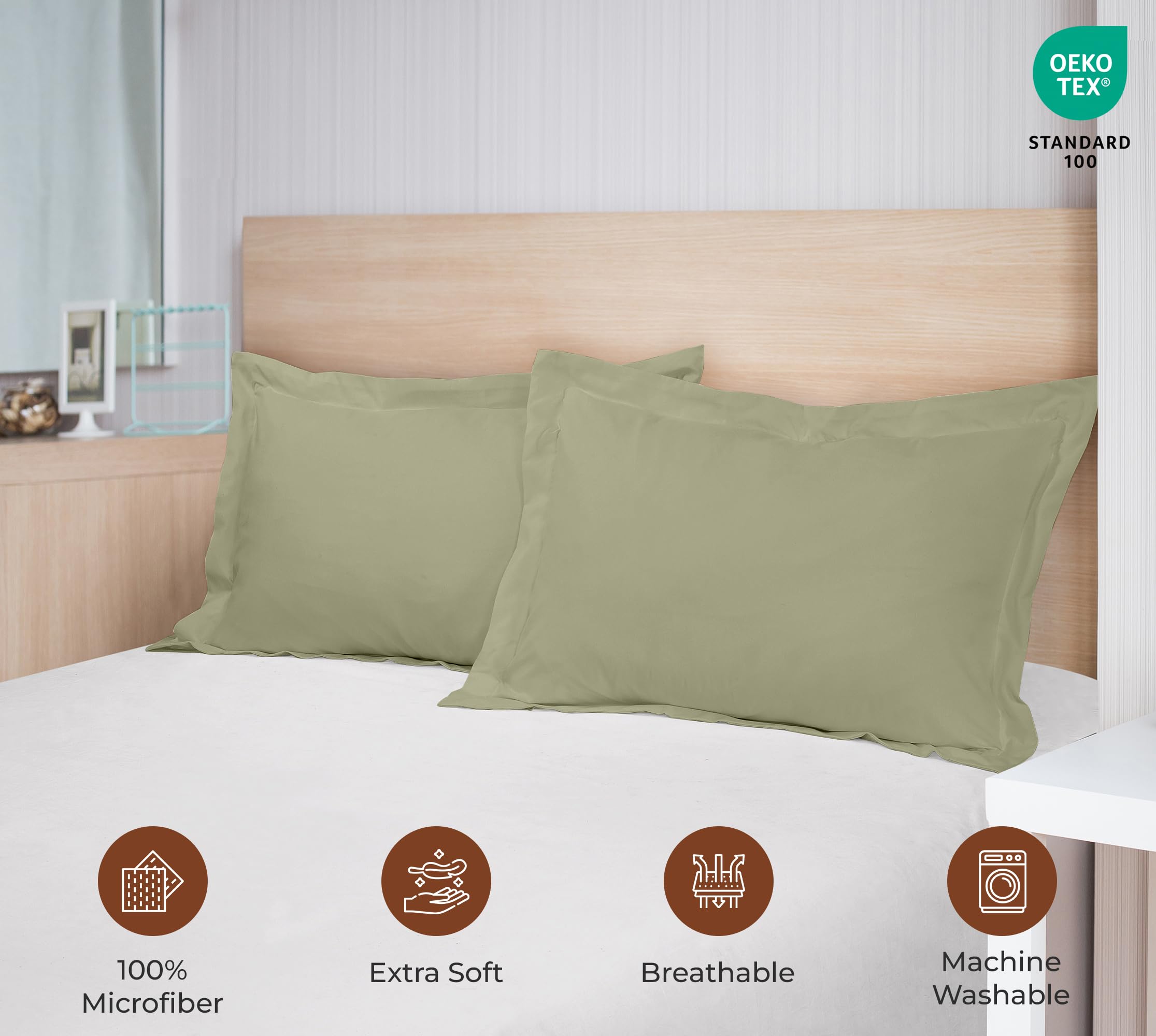 Royale Linens 2-Pack Queen Size 20x30 Inch Brushed 1800 Microfiber Pillow Shams - Ultra Soft, Wrinkle Resistant & Cozy Bed Pillowcases with Overlap Closure (Sage Green) - Perfect for Master Bedrooms, Guest Rooms & Luxury Hotels