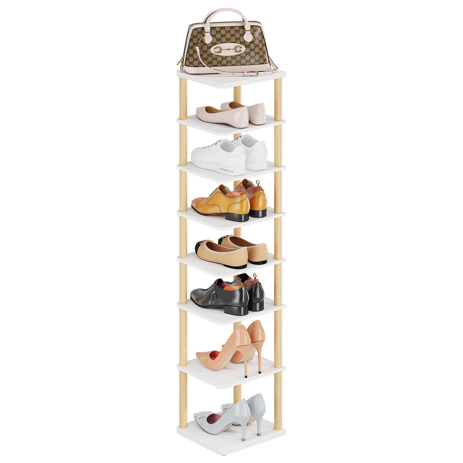 LUCKNOCK 8-Tier Vertical Shoe Rack - Space Saving Shoe Organizer for Entryway, Closet, Dorm & Small Spaces - White Freestanding Wooden Shoe Shelf for Boots, Sneakers & Heels - Perfect for Home, Office & Apartment Organization