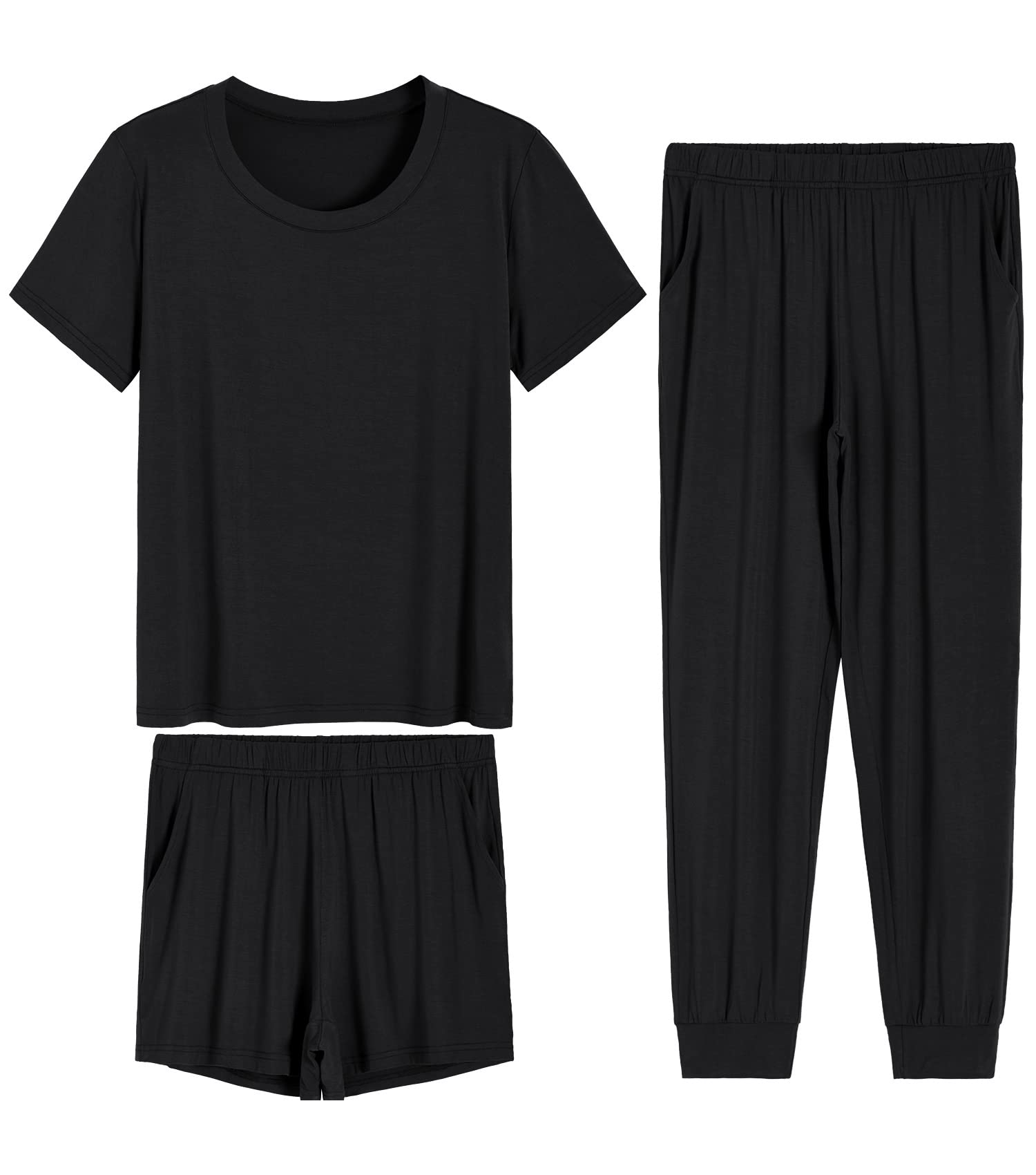Women's 3-Piece Bamboo Viscose Short Pajama Set with Jogger Pants - Soft & Breathable Sleepwear for Summer Nights, Lounge Wear, and Relaxing at Home