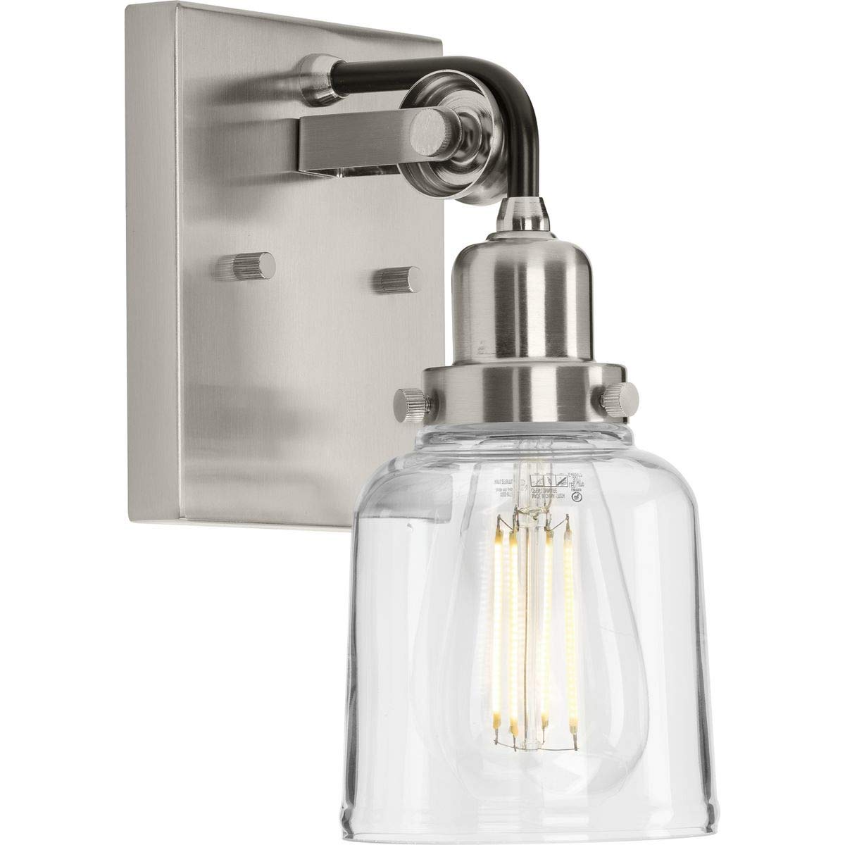 Progress Lighting Rushton Collection 1-Light Clear Glass Farmhouse Bathroom Vanity Light in Brushed Nickel - Perfect for Rustic Bathroom, Powder Room, and Vintage Home Decor