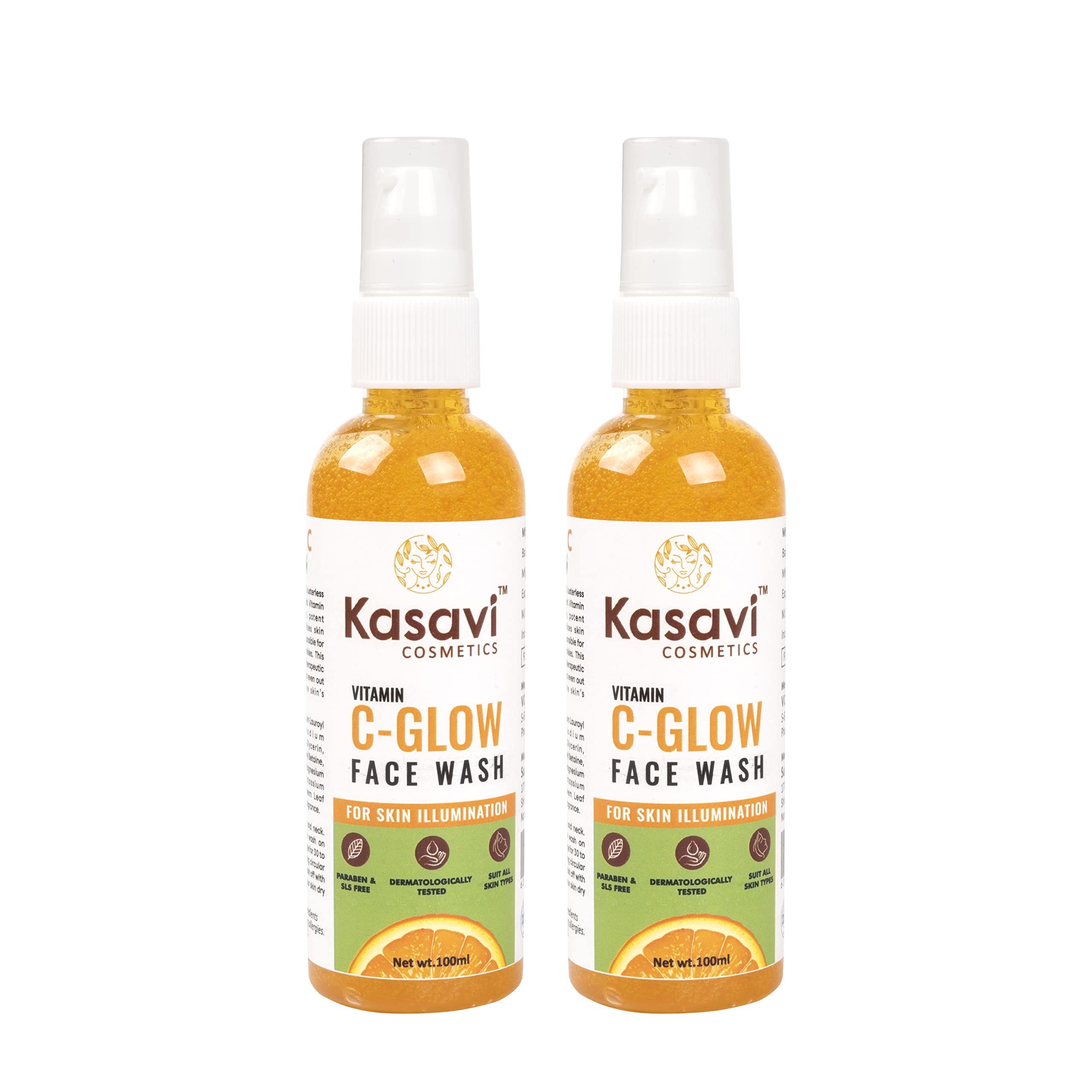 Kasavi Vitamin C Glow Face Wash - Brightening Cleanser for Radiant Skin (100ml) | Pack of 2 | Gentle Daily Facial Cleanser for Dullness & Uneven Skin Tone | Perfect for Morning & Night Skincare Routine