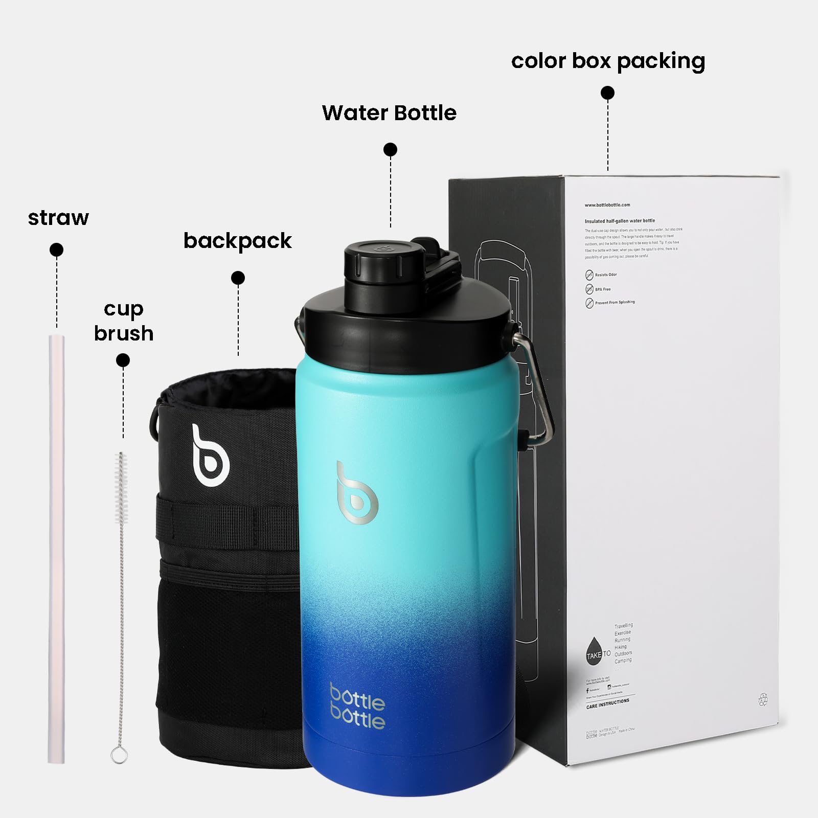 64oz Insulated Stainless Steel Water Bottle with Straw & Dual-Use Lid - Half Gallon Vacuum Thermos for Gym, Hiking & Sports - Blue Gradient Beer Growler with Handle - Perfect for Workouts, Camping & Outdoor Adventures