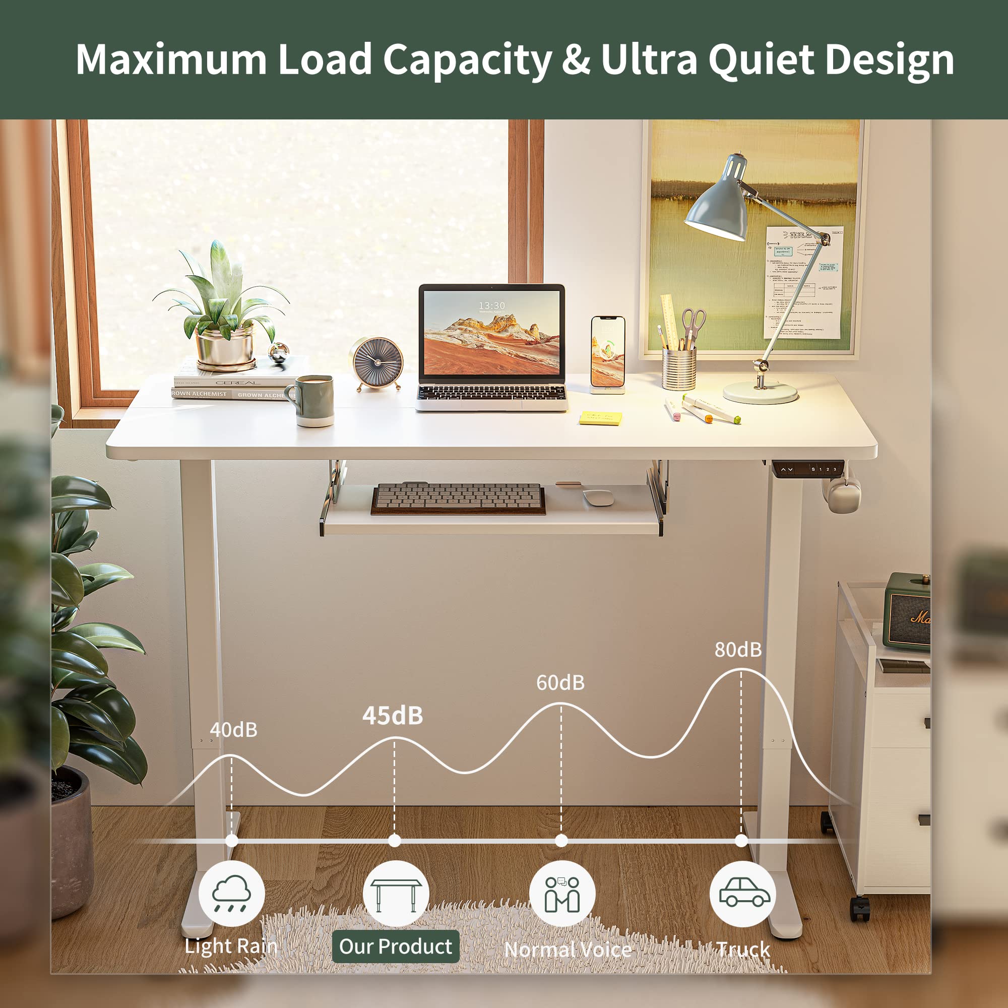 FEZIBO Electric Standing Desk 63 x 24 Inches - Height Adjustable Sit Stand Desk with Keyboard Tray & Splice Board, White Frame & White Top - Perfect for Home Office, Gaming & Workspace Ergonomics