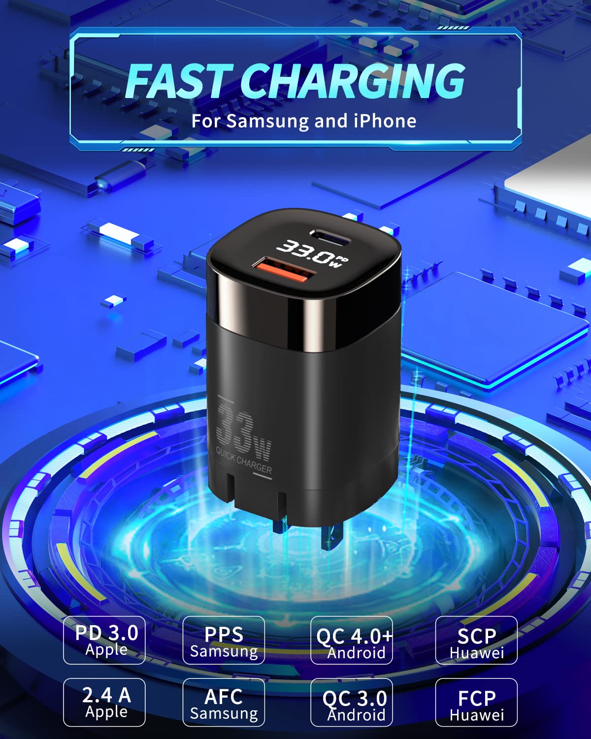 33W USB C Wall Charger - GaN Dual Port Fast Charging Block with Power Display, PPS, PD, QC 3.0 - Compatible with iPhone 16/15/14, Samsung S24/S23, iPad Air - Perfect for Home, Office & Travel Charging Needs