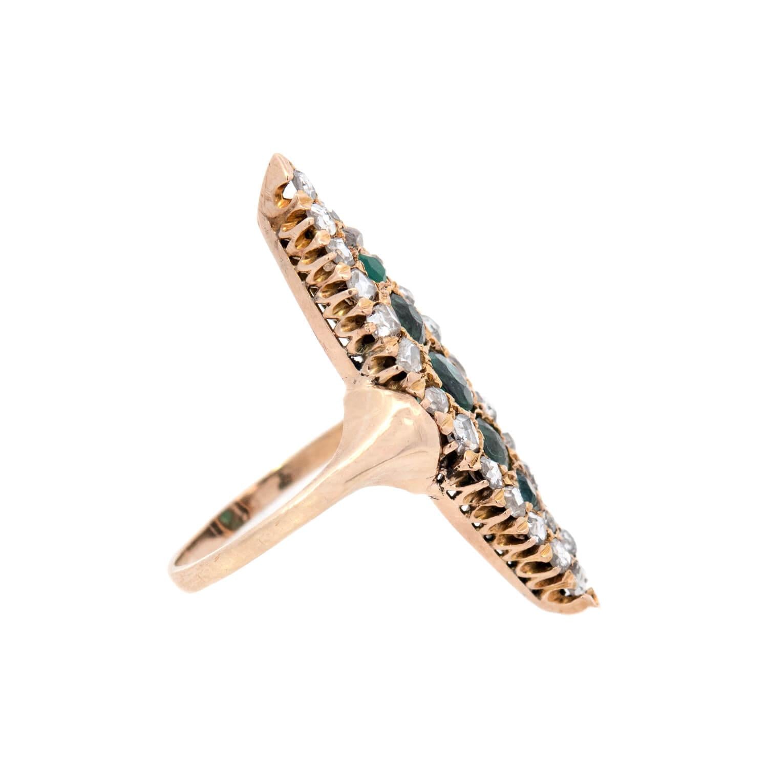 18k Edwardian Diamond and Emerald Navette Ring - Vintage Antique Jewelry for Women, Elegant Gift for Brides, Anniversaries & Special Occasions