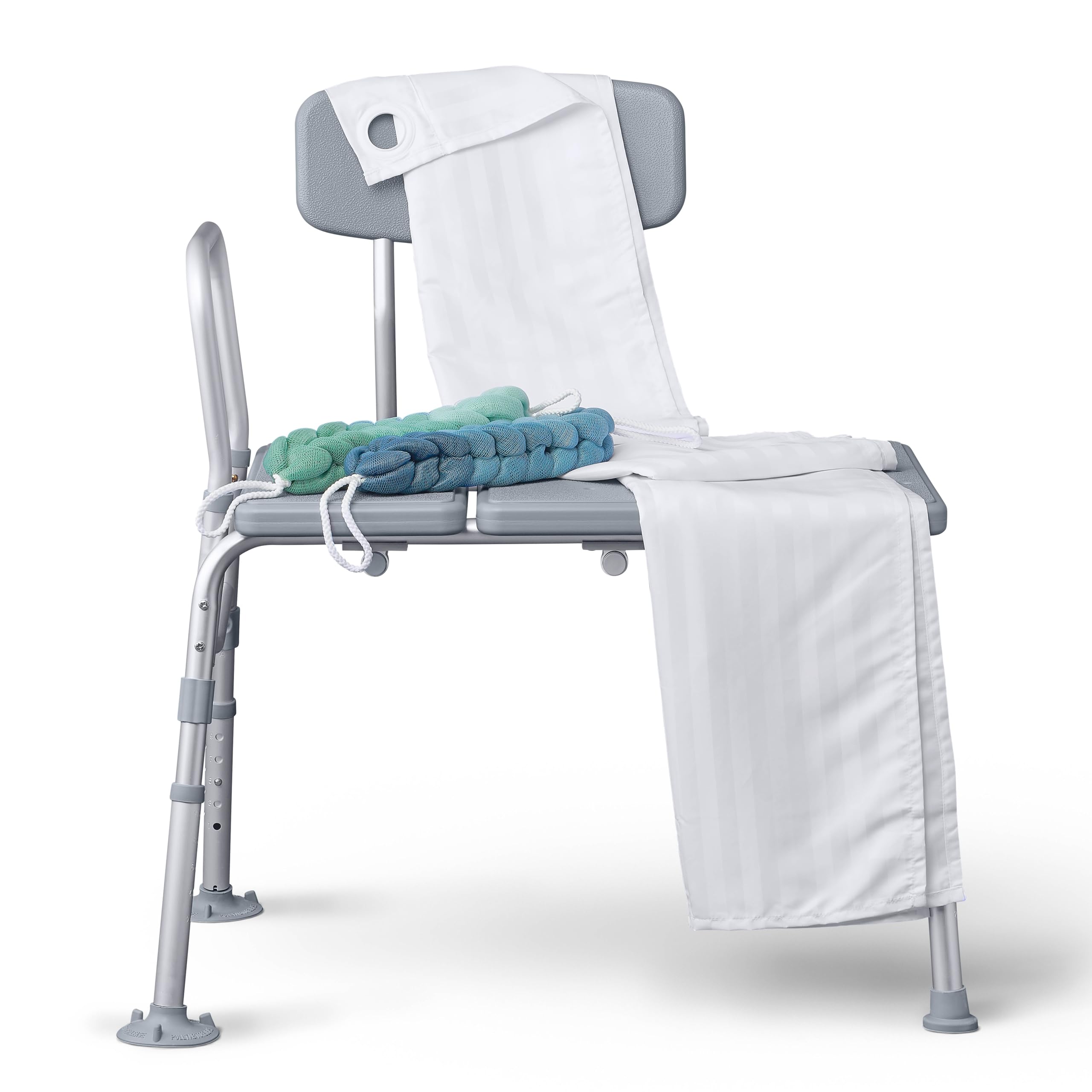 Medline Bath Transfer Bench & Shower Curtain Combo with 2-Pack Loofah Sponges - Safe Bathing Solution for Seniors, Disabled Adults, and Caregivers - Ideal for Elderly Home Care and Assisted Living Facilities