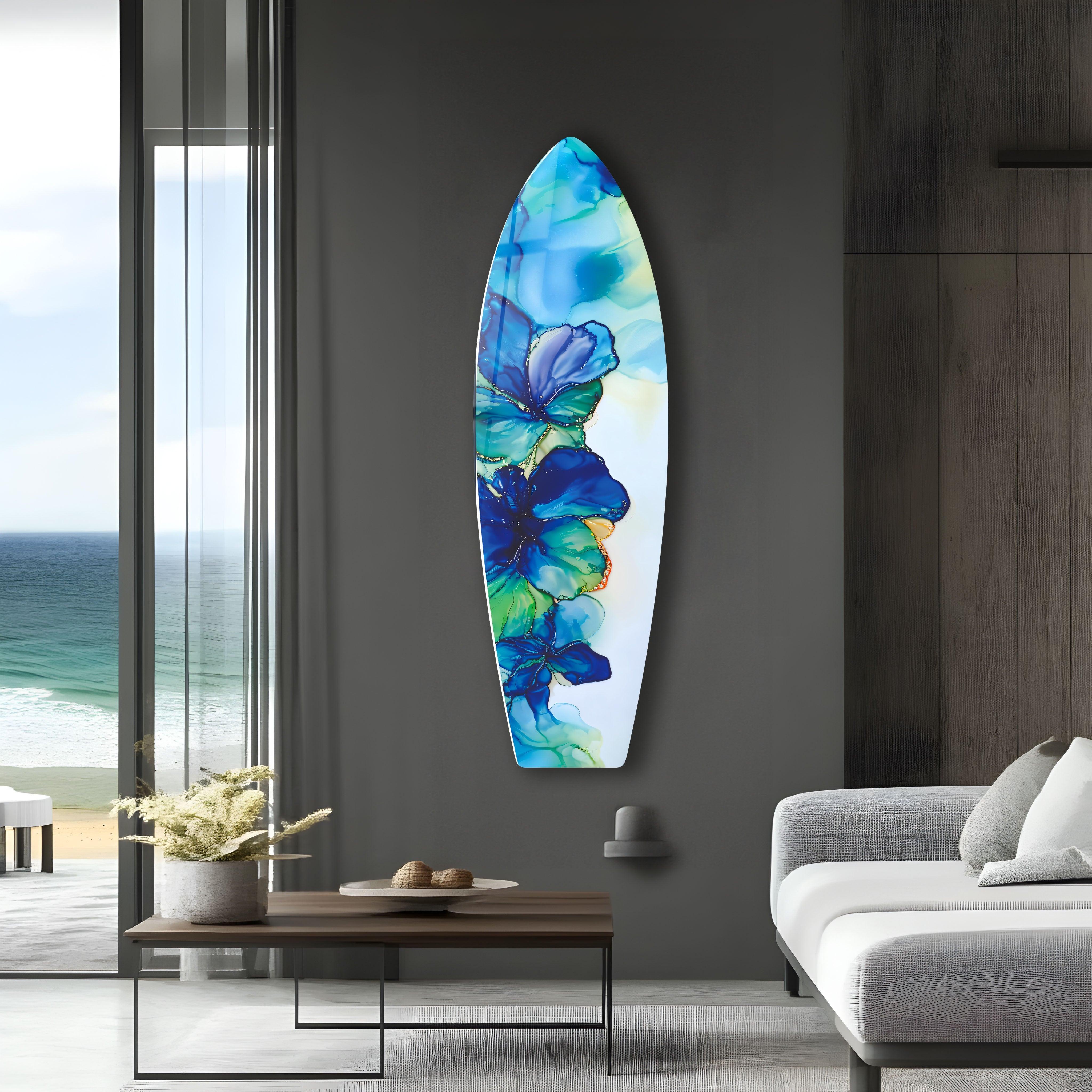 Blue Alcohol Ink Flower Surfboard Wall Art - Handmade Coastal Decor for Beach House, Living Room & Bedroom - Unique Ocean Themed Painting for Home & Office