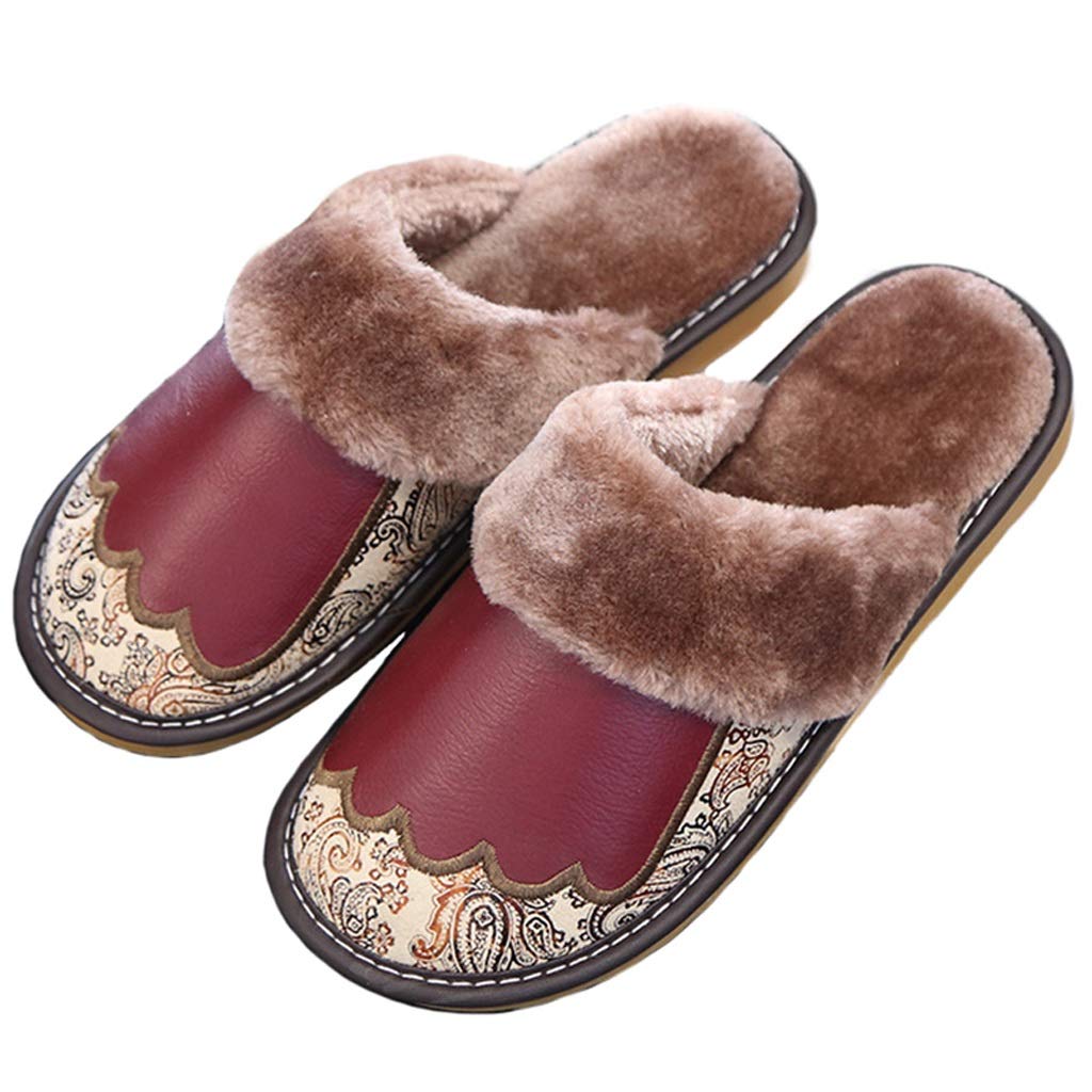 YHUA Women's Warm Cotton Slippers with Leather Non-Slip Sole - Comfortable House Shoes for Indoor/Outdoor Use (Wine Red, Size 37-38) - Perfect for Home, Office, and Relaxation