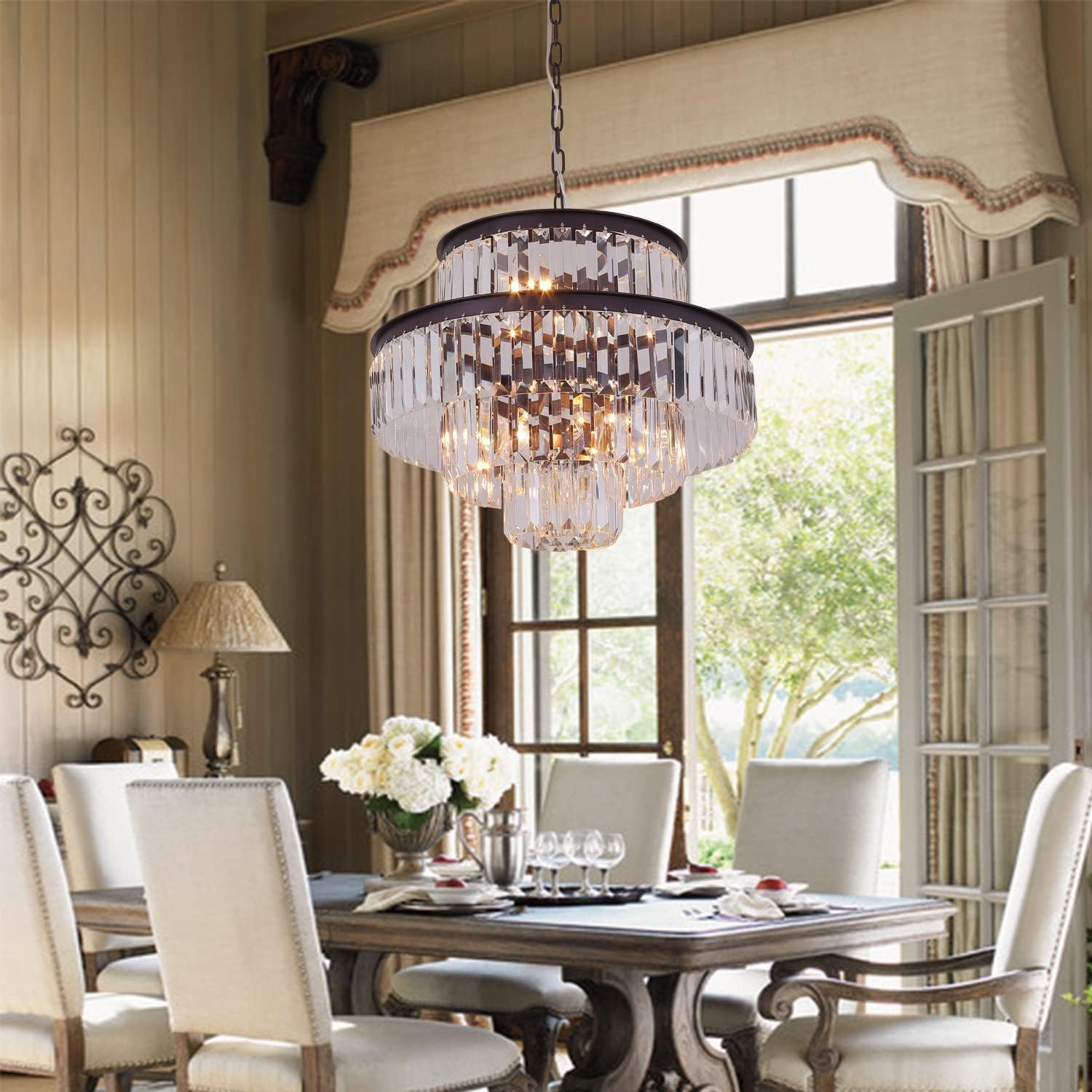 7-Light 4-Tier Brown Crystal Chandelier Pendant Light Fixture for Dining Room, Bedroom, Entryway & Living Room - Elegant Ceiling Lighting for Home Decor & Wedding Venues