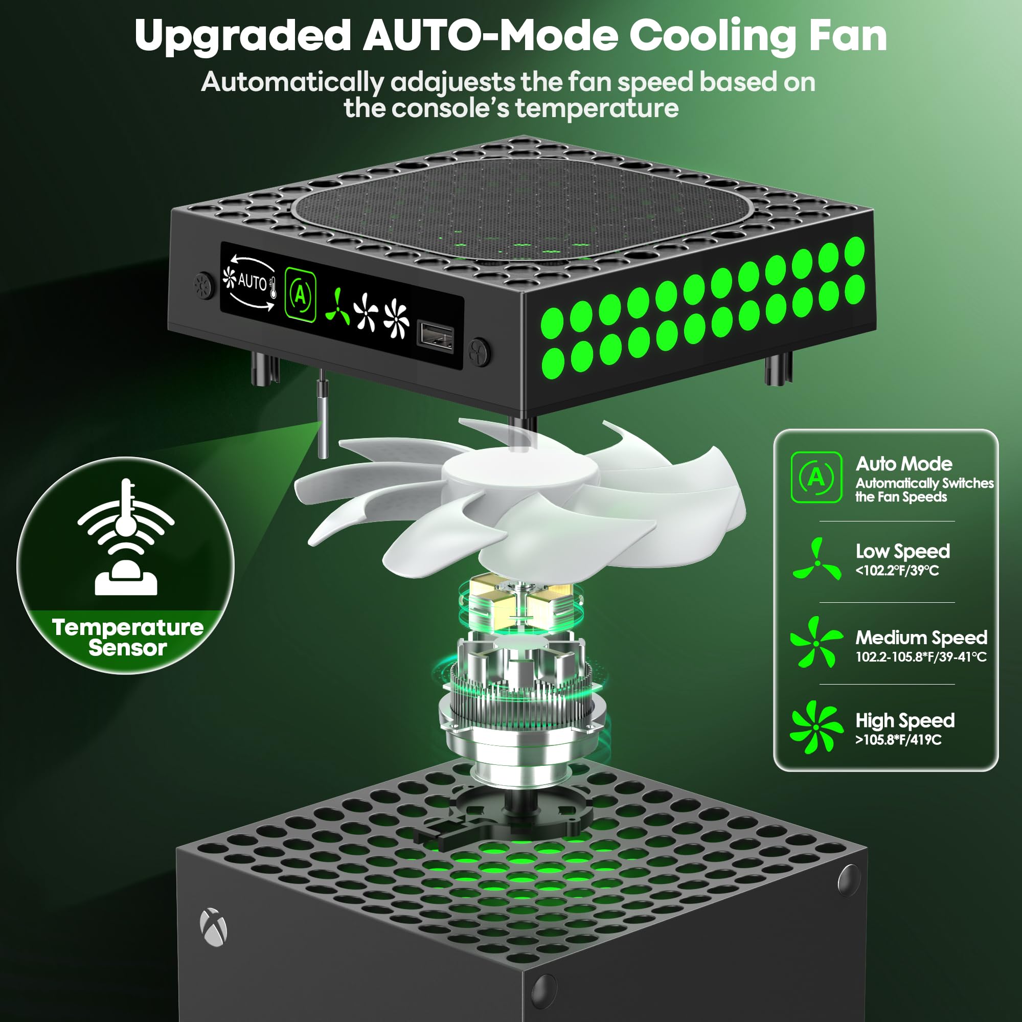 XBX Series X Cooling Fan with Auto Mode & LED Lights - Dust Proof Cooling System for Xbox Series X Console - Built-in Adjustable Fan & Headset Holder - Perfect for Gaming & Streaming Sessions