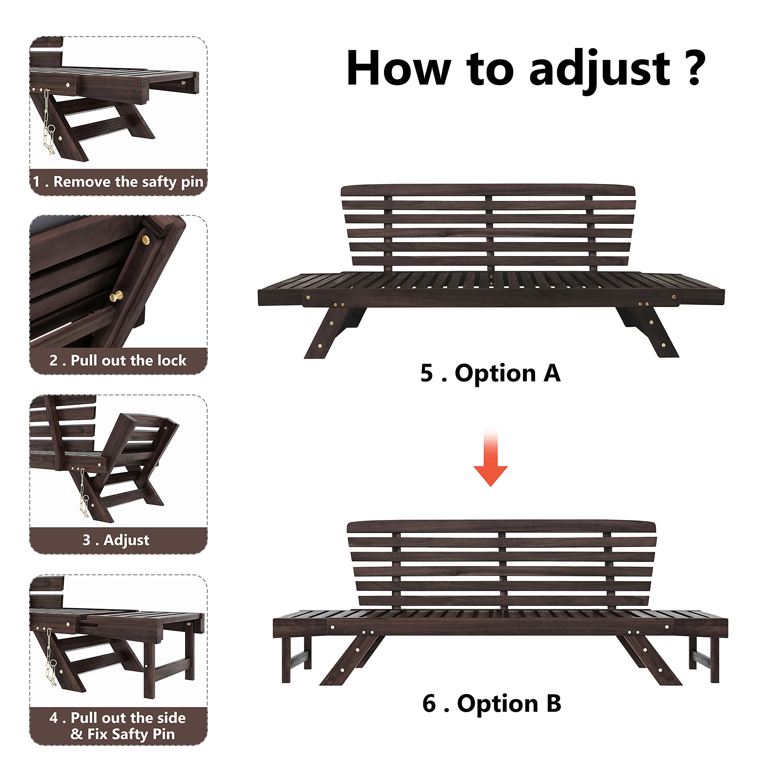 Merax Outdoor Patio Furniture Set - Adjustable Wooden Daybed & Sofa Chaise Lounge with Cushions (Brown & Gray) - Perfect for Backyard, Poolside & Garden Relaxation