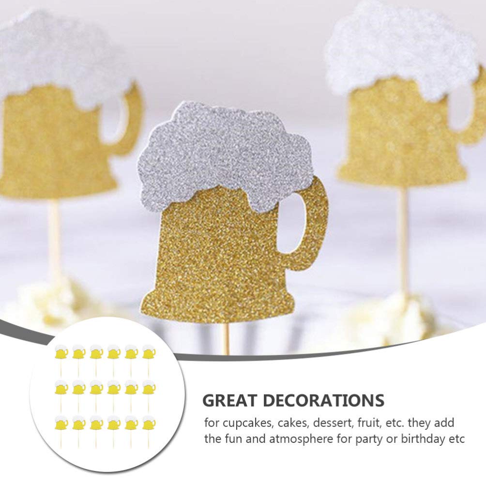 20Pcs Gold Glitter Beer Mug Cupcake Toppers - Edible Cake Decorations for Bachelorette, Wedding, Birthday & Baby Shower Parties - Perfect for Themed Celebrations, Graduations & Festive Events