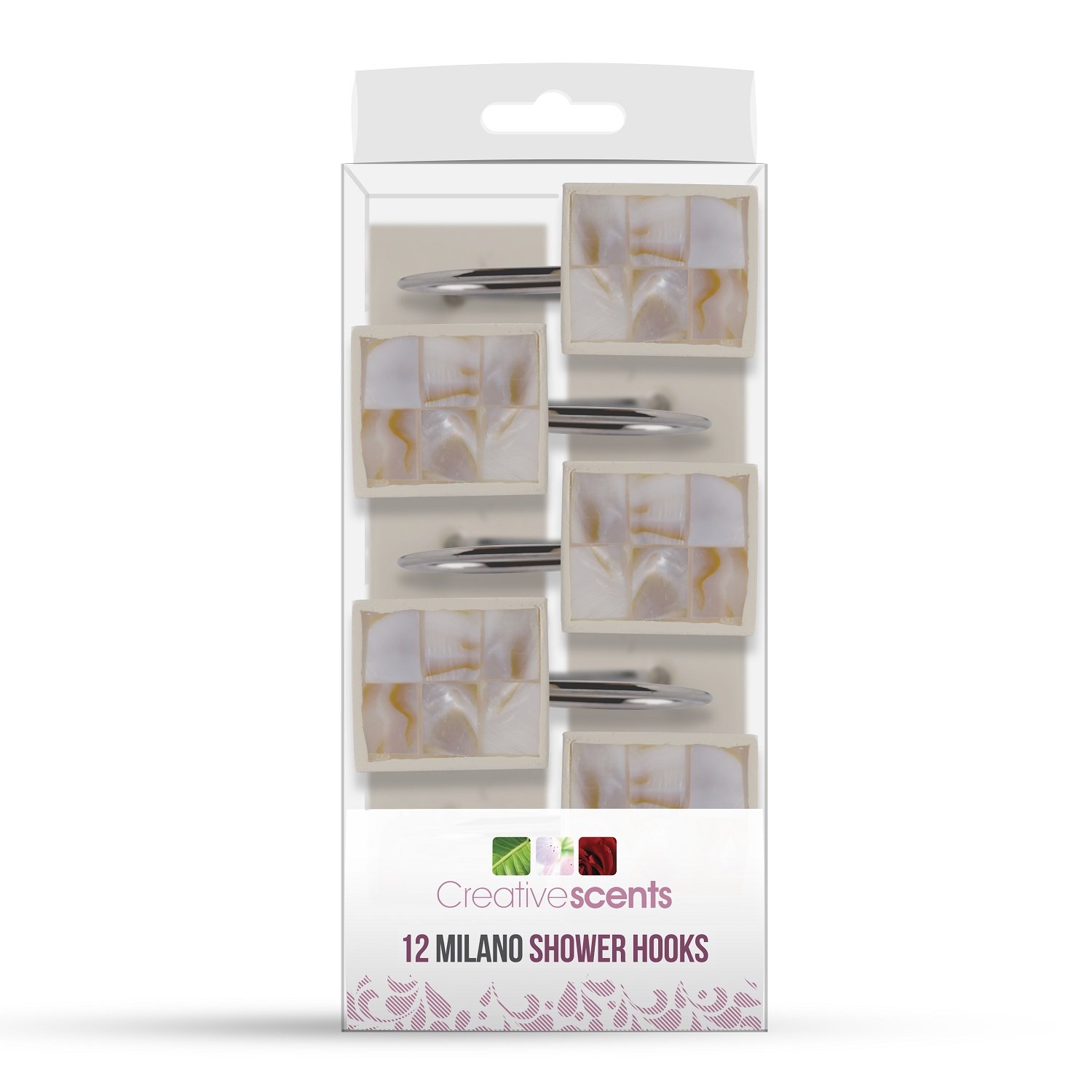 Milano Decorative Shower Curtain Hooks - Set of 12 Modern Mother of Pearl Bathroom Shower Rings - Elegant Shower Curtain Hooks for Bathroom Decor - Perfect for Spa-Like Showers and Luxury Bathroom Upgrades