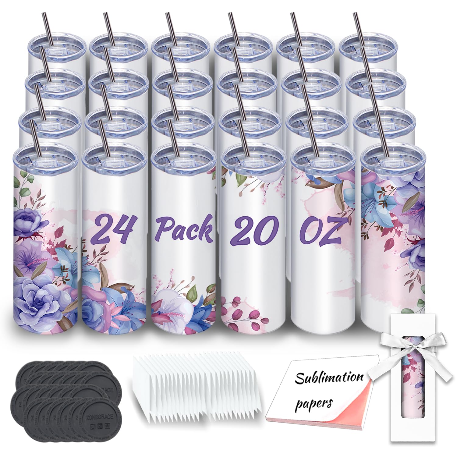 20 oz Sublimation Tumblers Bulk Pack of 24 - Skinny Stainless Steel Double Wall Insulated Blank White Tumbler Cups with Lids - Polymer Coating for Heat Transfer - Perfect for Custom Drinkware, Promotional Gifts & Personalized Events