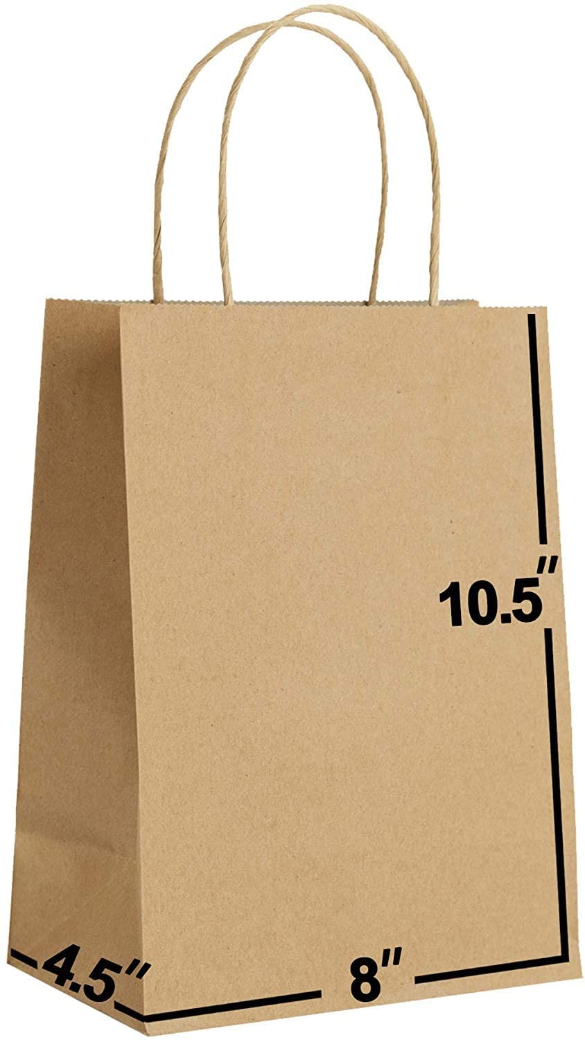 QUIDDITY WARE 300 Pack Brown Kraft Paper Bags with Handles - 8x4.5x10.5 Inches Bulk Gift Bags for Weddings, Parties, Shopping & Retail | Eco-Friendly Packaging for Stores, Events & Gifts