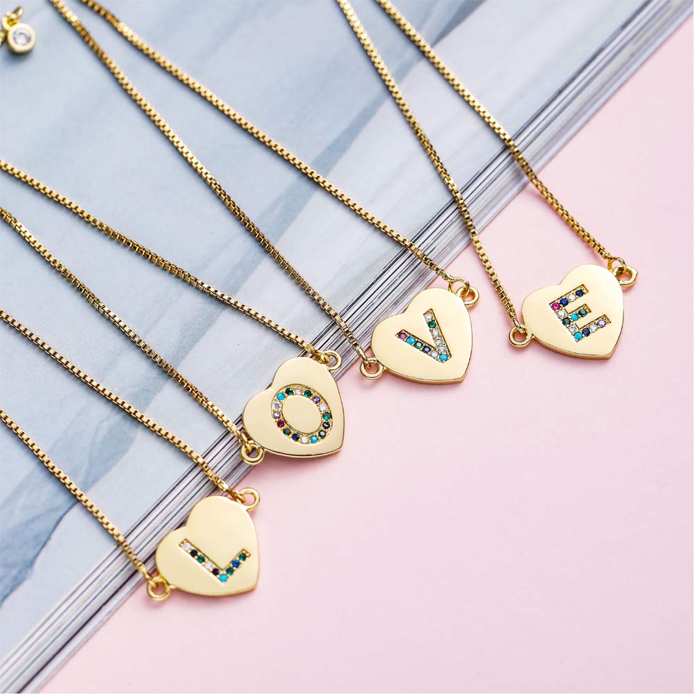 Gold CZ Heart Initial Bracelet A-Z Adjustable with Colorful Crystals - Personalized Name Jewelry for Women - Perfect Gift for Birthday, Anniversary & Valentine's Day