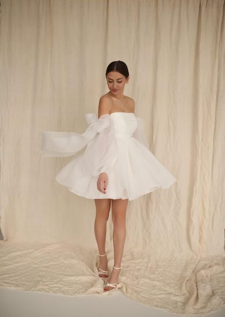 Elegant Short Wedding Dresses for Bride - Long Sleeve Organza Bridal Gown with Pleated Off-Shoulder Design & Bow Detail | Perfect for Beach Weddings, Garden Ceremonies & Romantic Vow Renewals