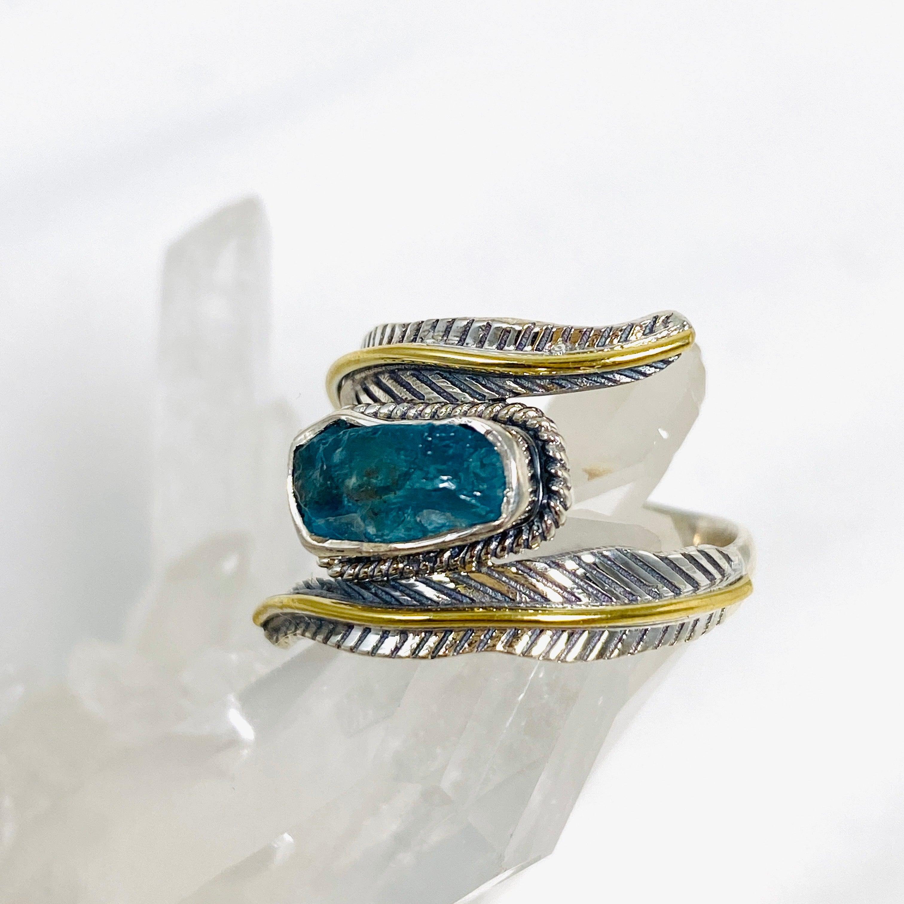 Natural Blue Apatite Leaf Design Raw Stone Ring R4224 - Handmade Boho Jewelry for Women, Nature-Inspired Statement Piece for Everyday Wear & Special Occasions