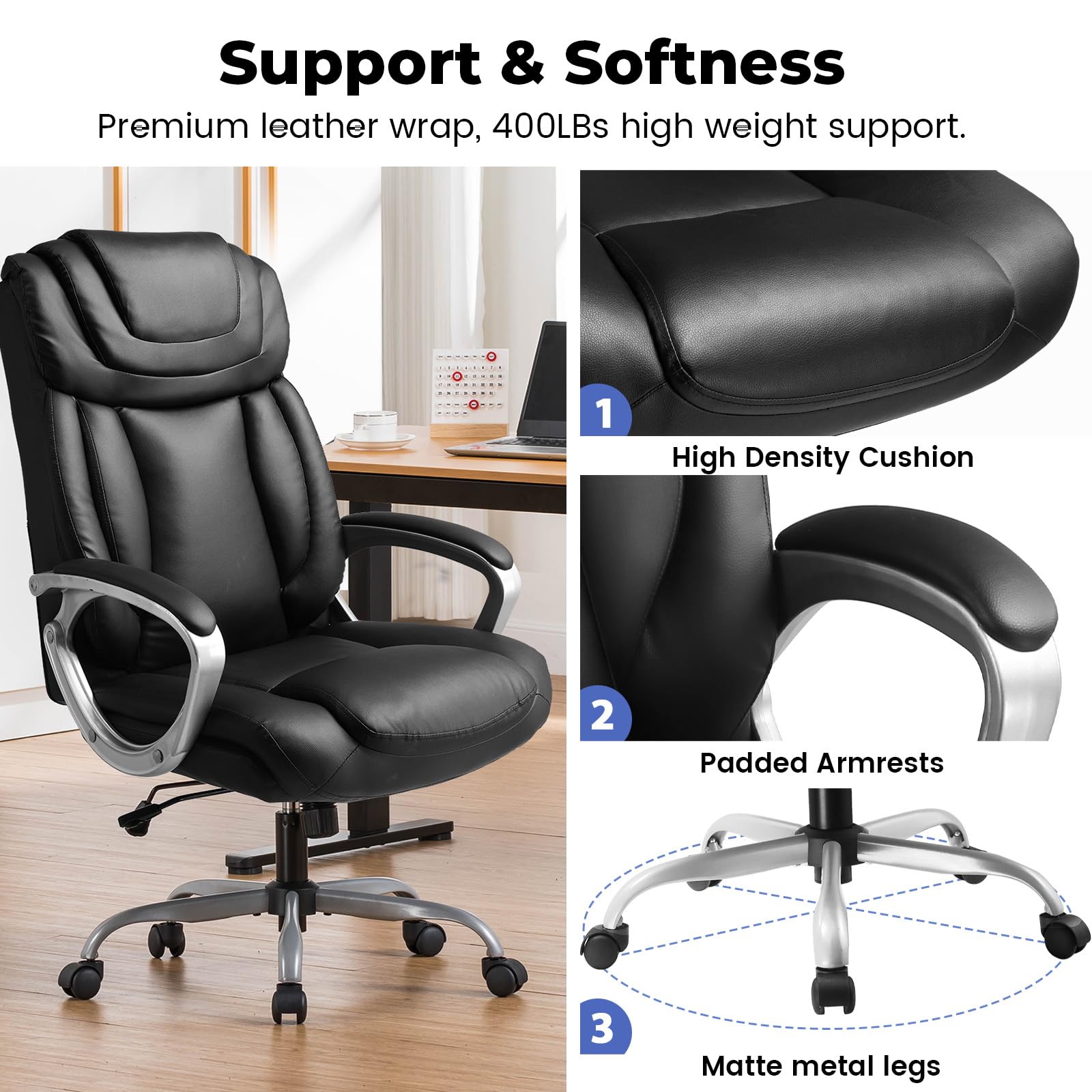 COMHOMA Ergonomic Office Chair - Adjustable Swivel Desk Chair with PU Leather, Headrest & Lumbar Support - Rolling Recliner for Home Office, Gaming & Workstation Use