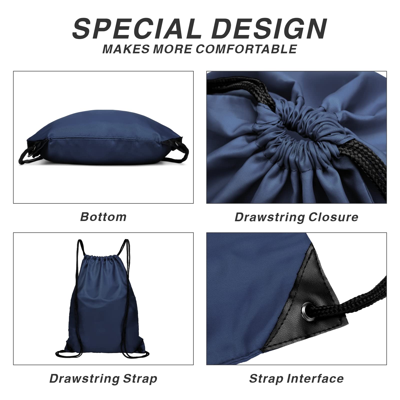 210D Nylon Foldable Drawstring Backpack with Zipper Side Pocket - Lightweight Sports Gym Tote Bag for Men & Women (Navy Blue) - Perfect for Workouts, Travel, and Everyday Use