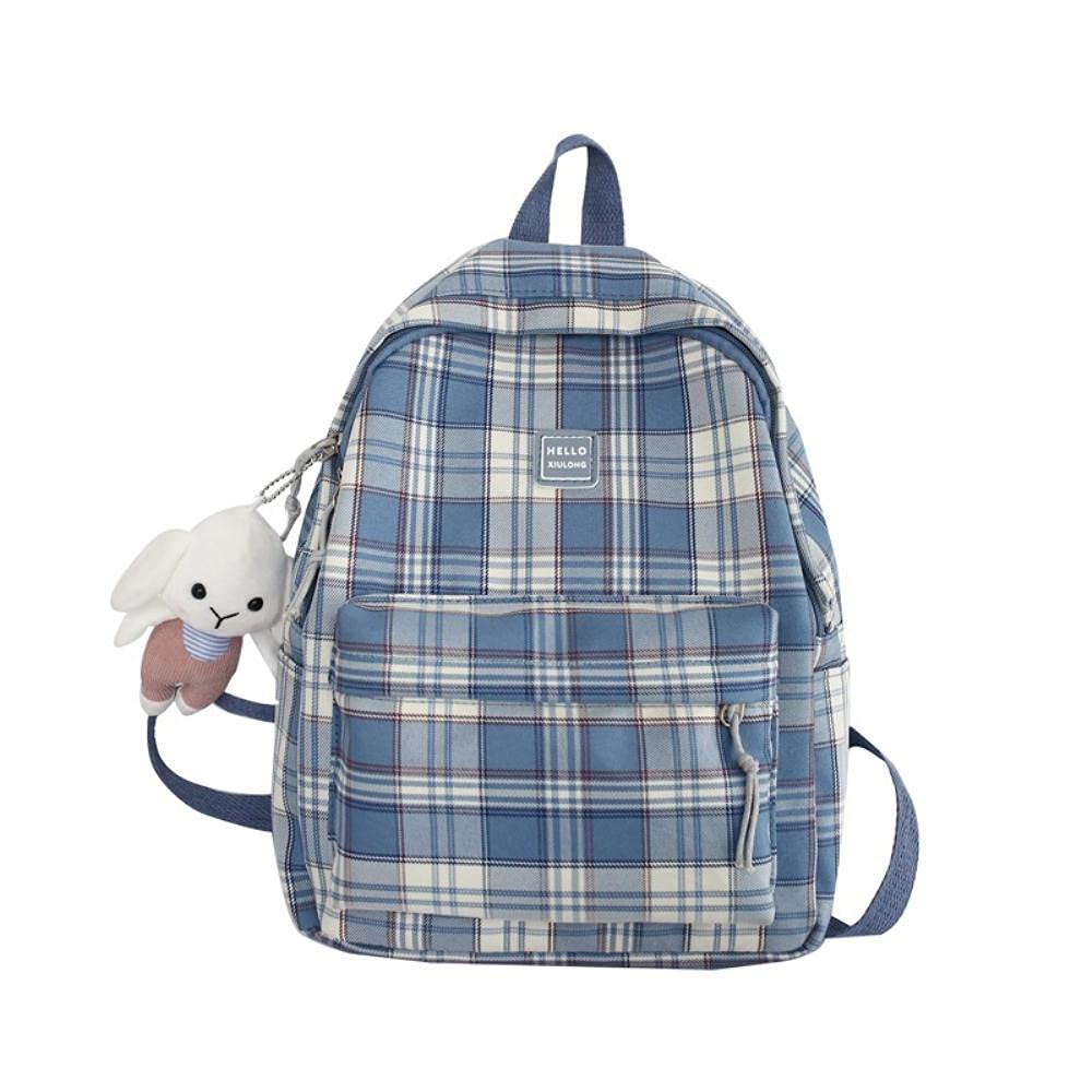 WKqifeil Small Cute Plaid Backpack for Junior High School Girls - Mini Mori Style School Bag in Blue | Perfect for School, Travel & Daily Use
