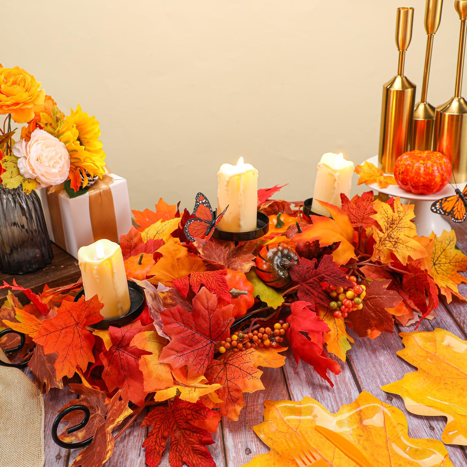 Maple Leaf Candle Holder Centerpiece with Pumpkin & Berries - Fall Thanksgiving Table Decor for Autumn Harvest (Bright Style) | Perfect for Dining Table Centerpieces, Thanksgiving Decorations & Seasonal Home Decor