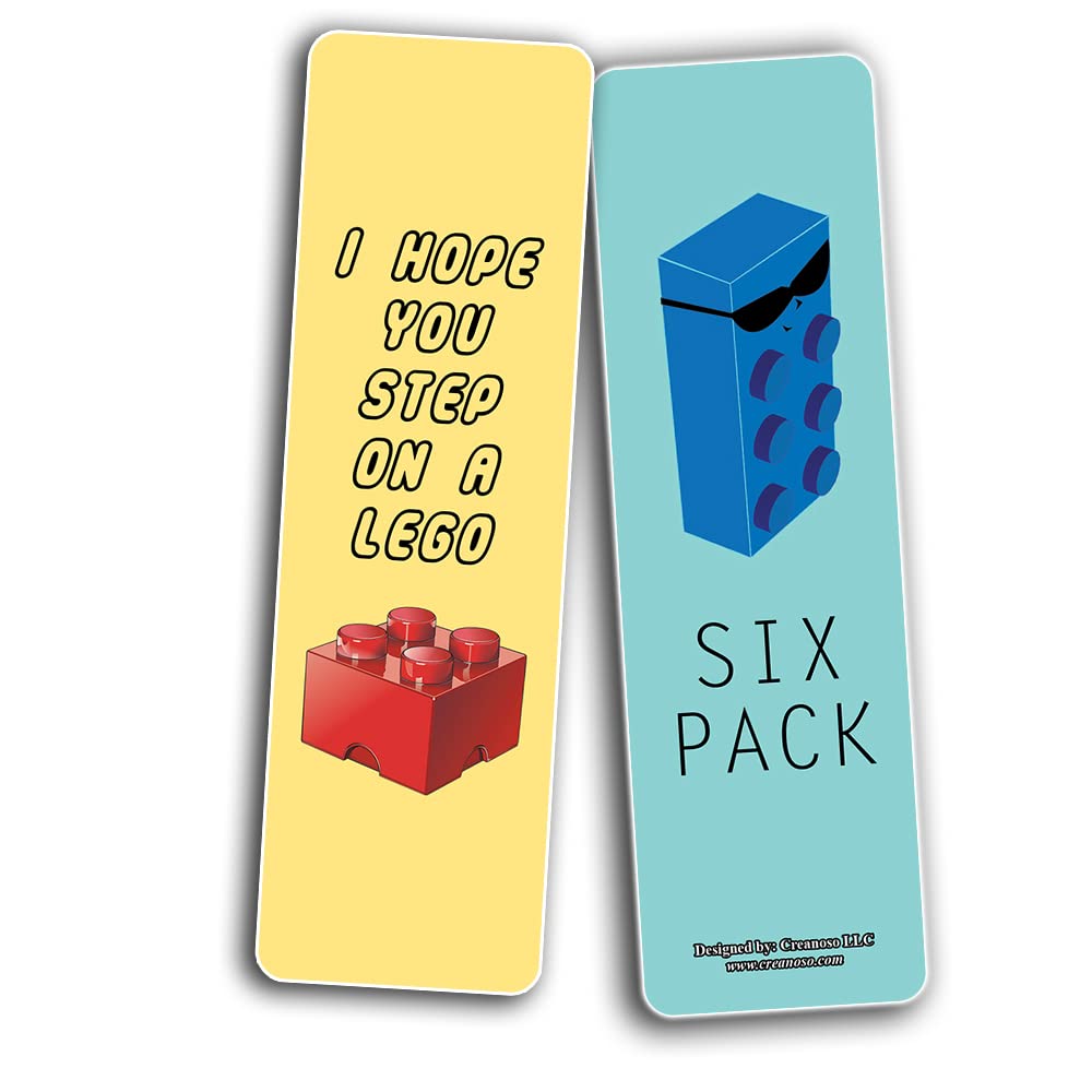 Creanoso Funny Lego Bookmarks (10 Sets x 6 Cards) - Inspirational Bookmark Cards for Kids & Teens - Creative Book Page Clippers - Perfect Gift for Lego Lovers & Bookworms - Great for Reading, School & Birthday Gifts