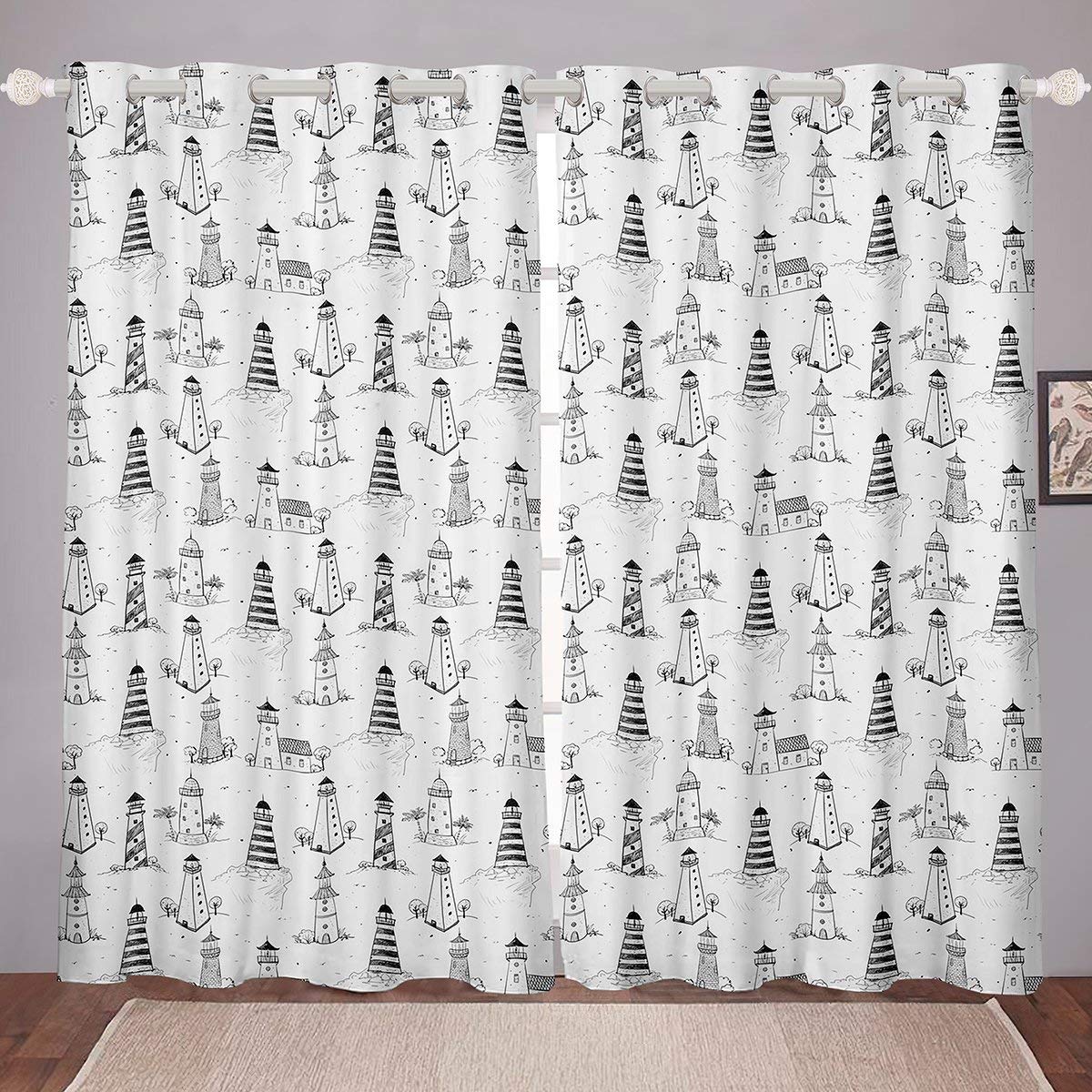 Erosebridal Nautical Lighthouse Window Curtains - 84x90 Inch Blackout Thermal Drapes with Hawaiian Palm Tree & Ocean Wave Design for Kids Bedroom, Living Room & Beach House Decor (White)