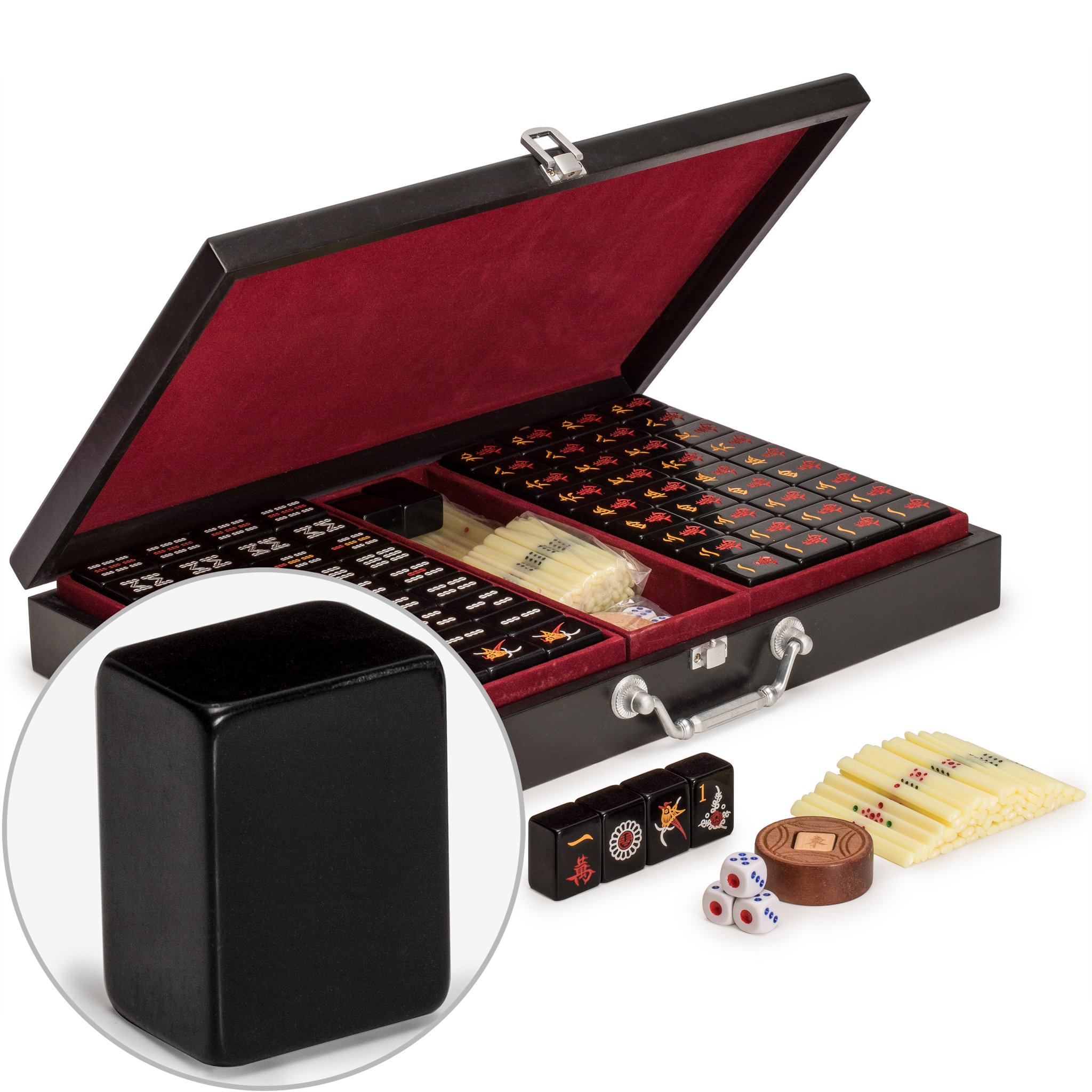 Premium Chinese Mahjong Set with 148 Small Black Tiles - Wooden Case, Spinner, Dice & Scoring Sticks | Authentic Asian Game for Family Gatherings, Game Nights & Cultural Events