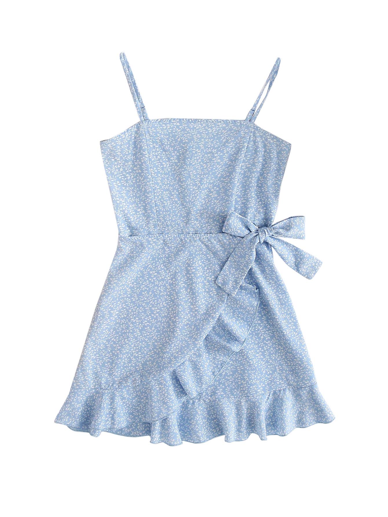 Milumia Girls' Floral Spaghetti Strap Cami Dress with Ruffle Trim & Side Tie - Perfect for Summer Outfits, Beach Vacations, and Casual Parties