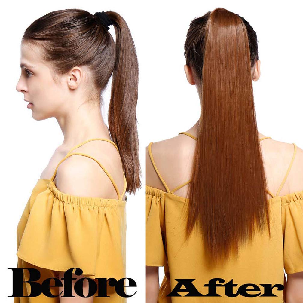 18'' 100g Women's Straight Ponytail Hair Extensions - Clip in Wrap Around Ponytail with Real Remy Human Hair - Drawstring Wig in 27# Color - Perfect for Parties, Weddings & Daily Styling