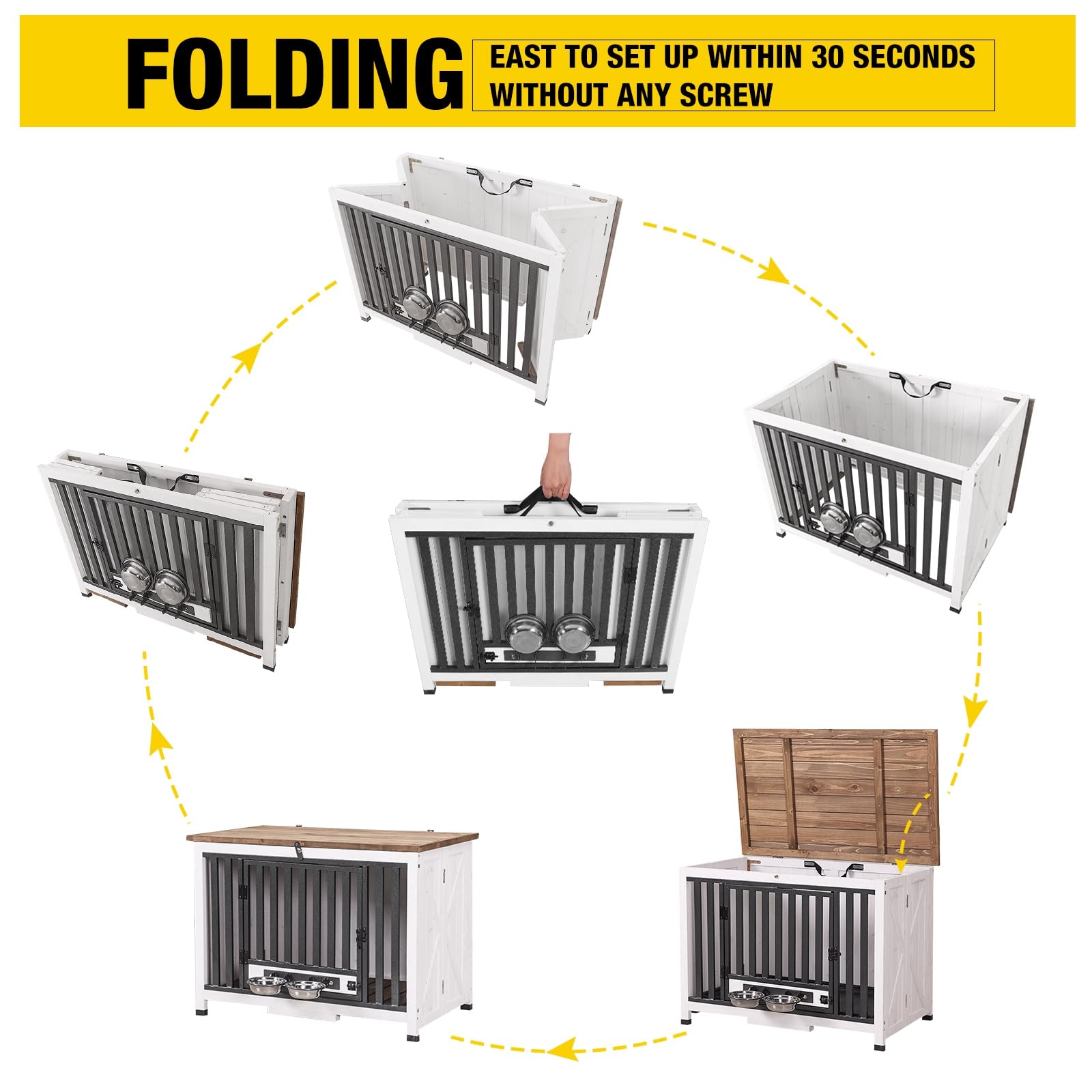 Heavy Duty Folding Dog Crate Furniture for Small & Medium Dogs - Solid Wood Kennel with Opening Roof, Multi-Functional End Table | Perfect for Living Room, Bedroom & Pet-Friendly Home Decor