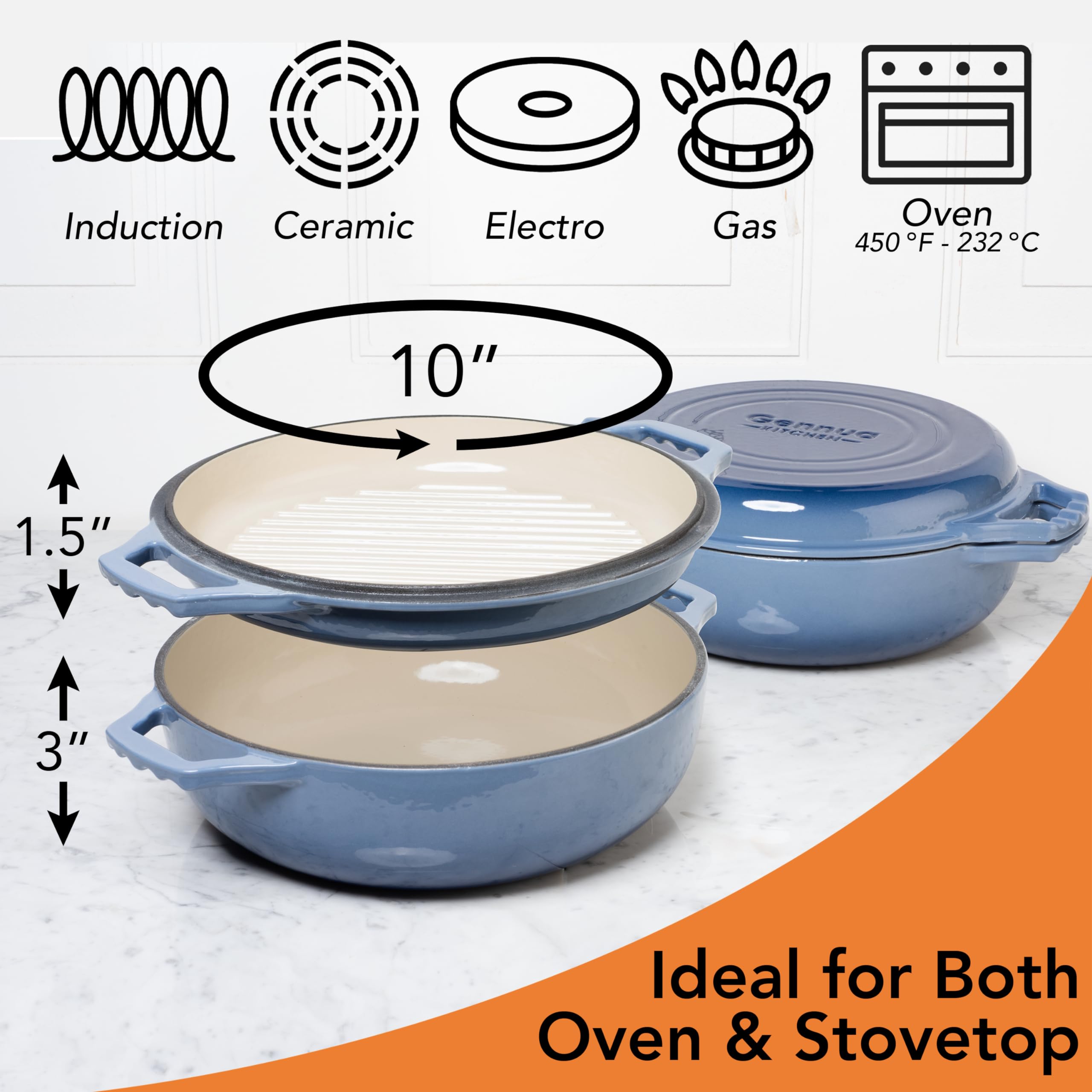 2-in-1 Enameled Cast Iron Braiser Pan with Grill Lid - 3.3-Quart Small Dutch Oven, Casserole & Stovetop Grill Pan, Durable Cast Iron Cookware for Roasting, Baking, Searing & Grilling - Perfect for Kitchen, Camping & Outdoor Cooking