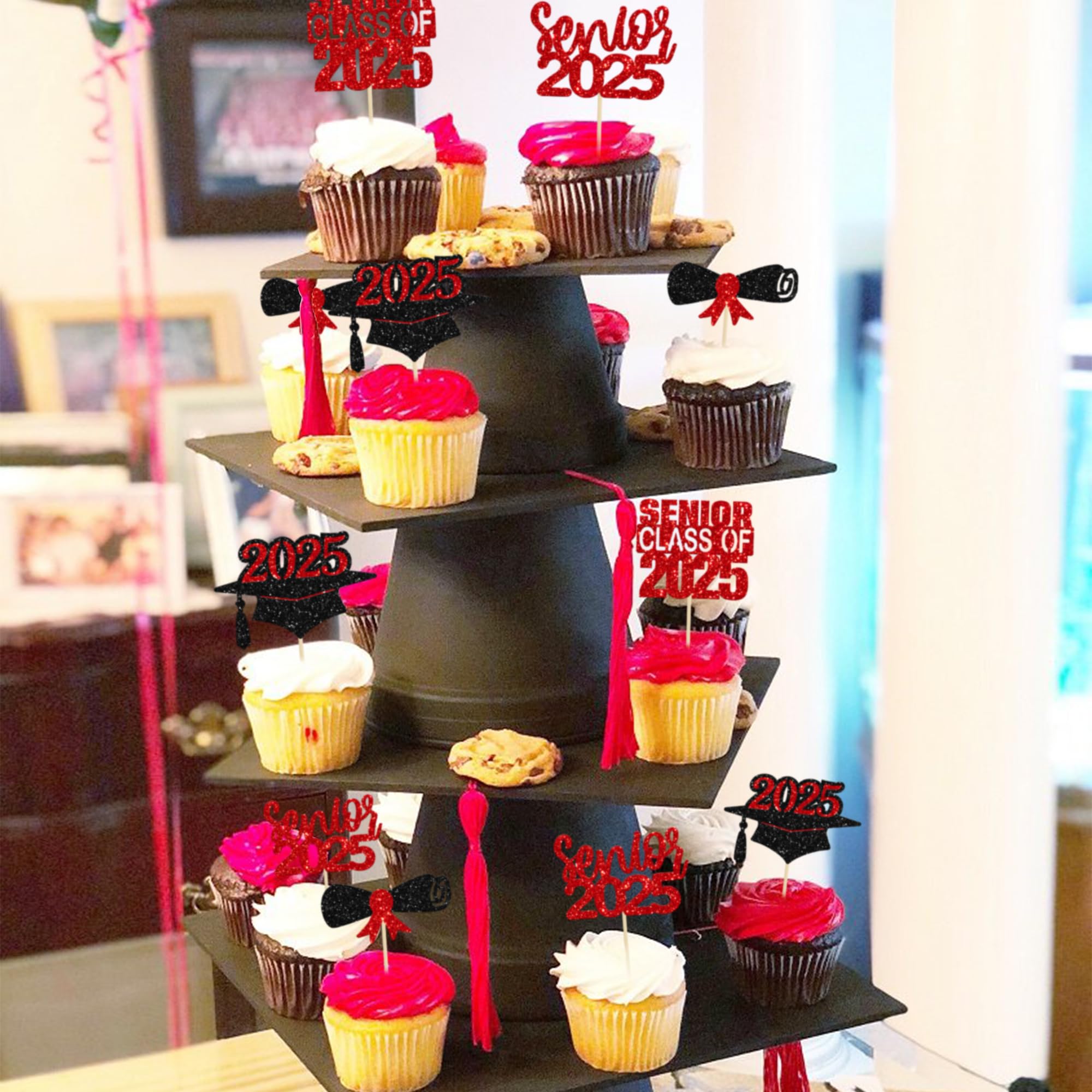 24 Pack 2025 Graduation Cupcake Toppers - Red Glitter Class of 2025 Senior Graduation Cap & Diploma Cake Decorations for Graduation Party, Birthday, School Celebration (24 Count)