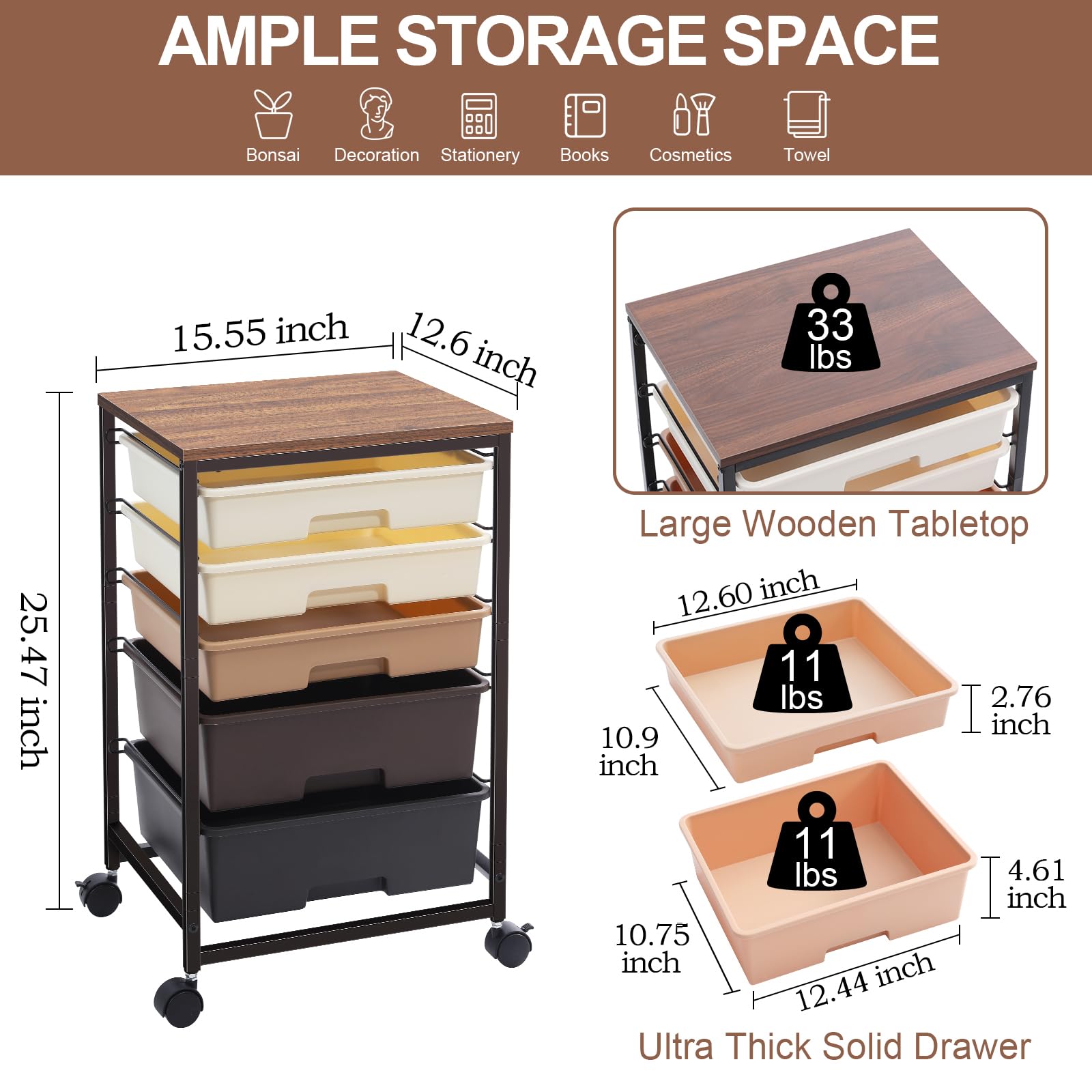 5-Drawer Utility Cart with Wooden Tabletop & Lockable Wheels - Large Capacity Rolling Storage Cart for Office, Kitchen, or Workshop Organization (Brown)