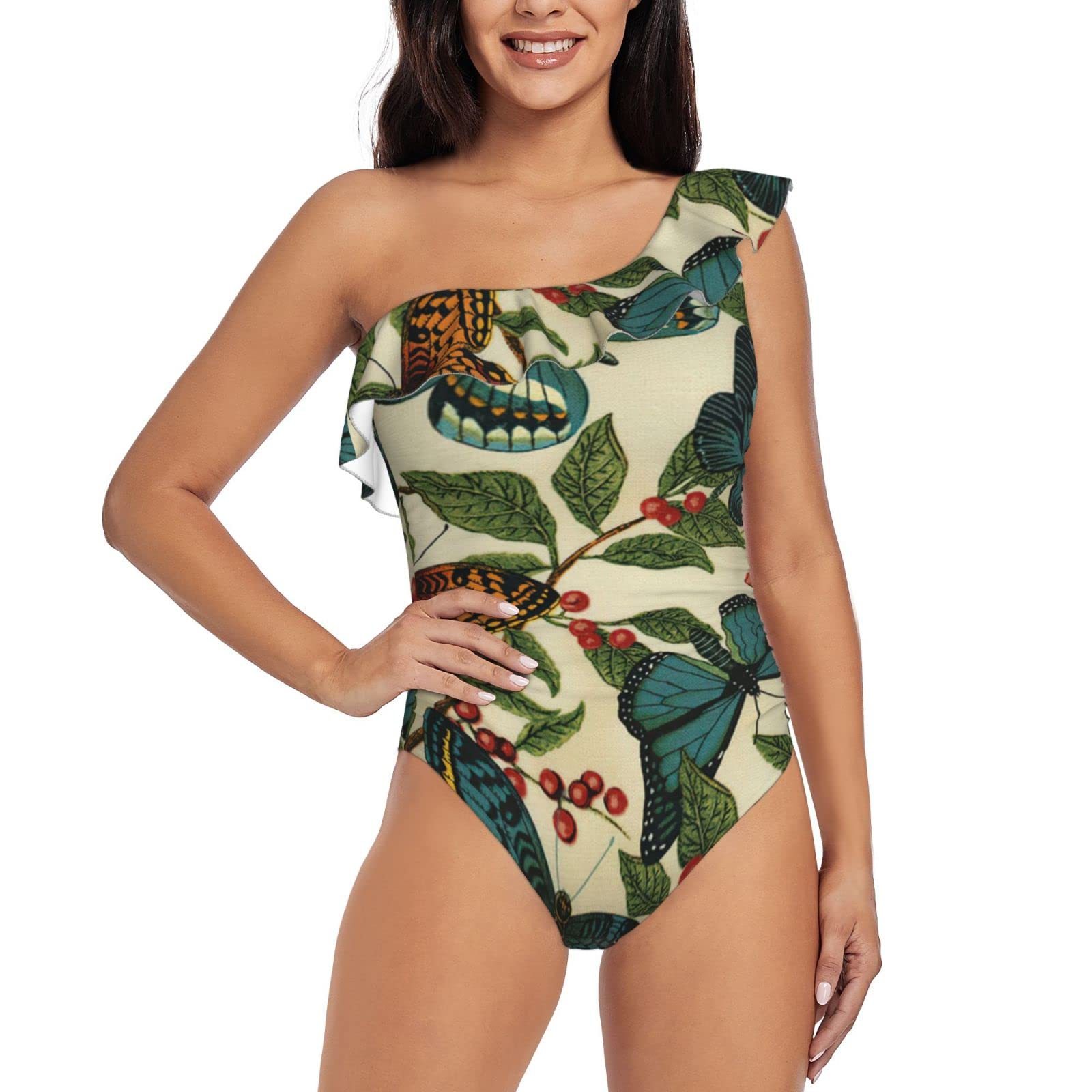 Butterfly One Shoulder Women's One Piece Swimsuits - Asymmetric Ruffle Monokini Bathing Suit for Beach, Pool & Summer Vacation