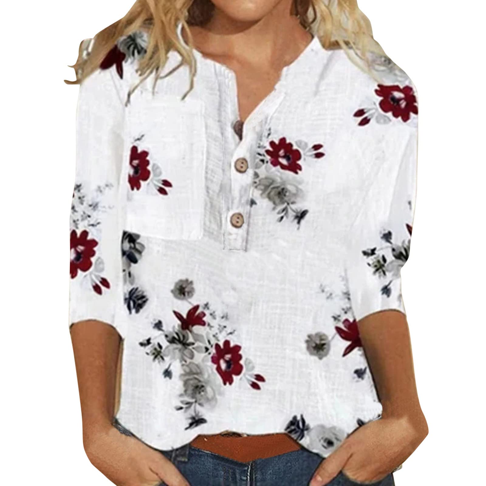 Stylish Women's Printed V-Neck Button-Up Blouse - Elegant White Casual Top with Medium Sleeves | Perfect for Office Wear, Date Nights & Summer Outfits