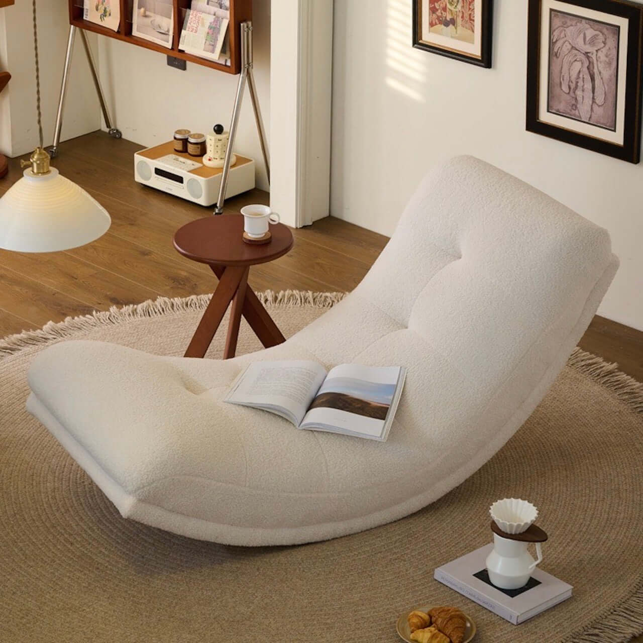 White Boucle Caterpillar Lounge Chair - Single Sofa Rocker with Soft Cushion - Modern Accent Chair for Living Room, Bedroom & Nursery - Cozy Reading Nook & Relaxation Chair