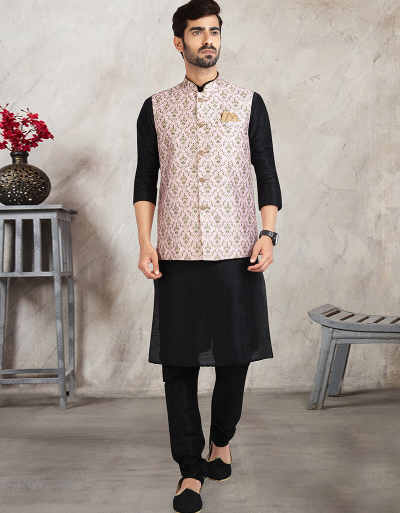Black 3 Piece Banarasi Silk Jacket Set with Churidar - Elegant Indian Ethnic Outfit for Weddings & Festive Occasions