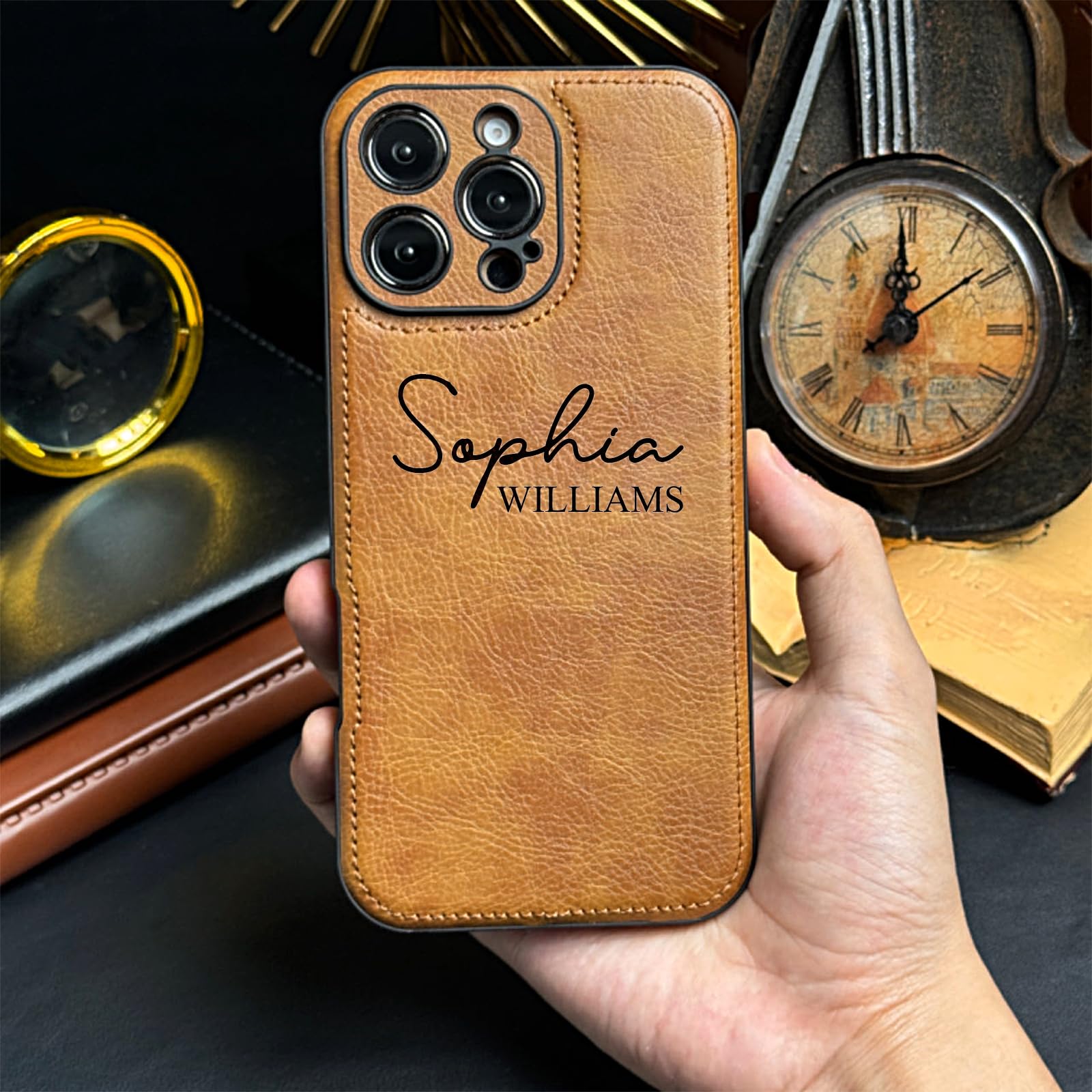 Custom Engraved Leather Phone Case for iPhone 16/15/14/13/12/11 Pro Max Plus Mini - Personalized Name Protection Cover (Genuine Brown Leather) - Perfect Gift for Birthday, Anniversary & Daily Use