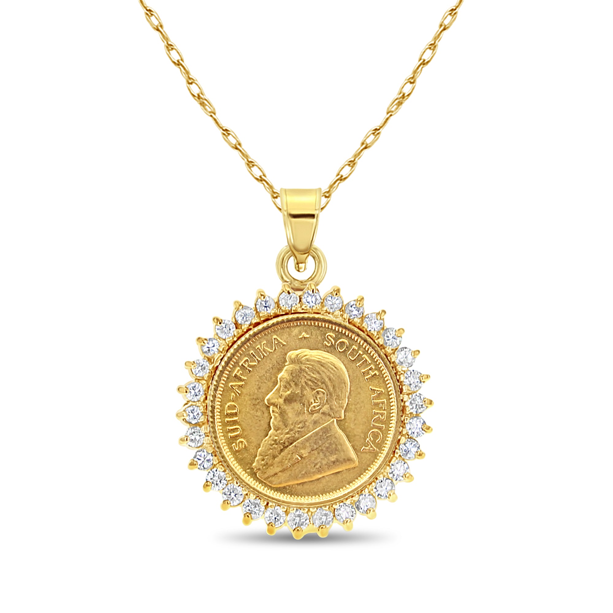 South African Krugerrand Coin Necklace with Diamond Halo - 1 oz Gold Coin Pendant Jewelry for Women - Perfect for Gifts, Special Occasions & Luxury Fashion Accessories