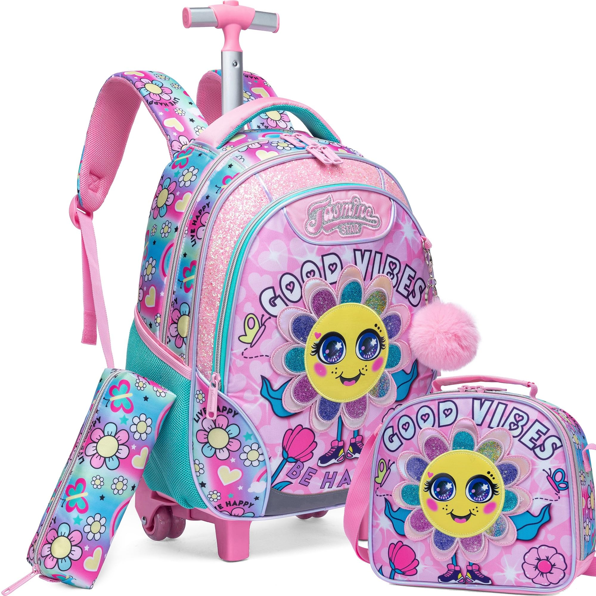 Meetbelify 3-in-1 Rolling Backpack for Girls Age 8-10 - Wheeled School Backpack with Lunch Box & Pencil Case, Convertible Carry-On Travel Luggage for Elementary & Preschool Students - Perfect for School, Travel & Daily Commute