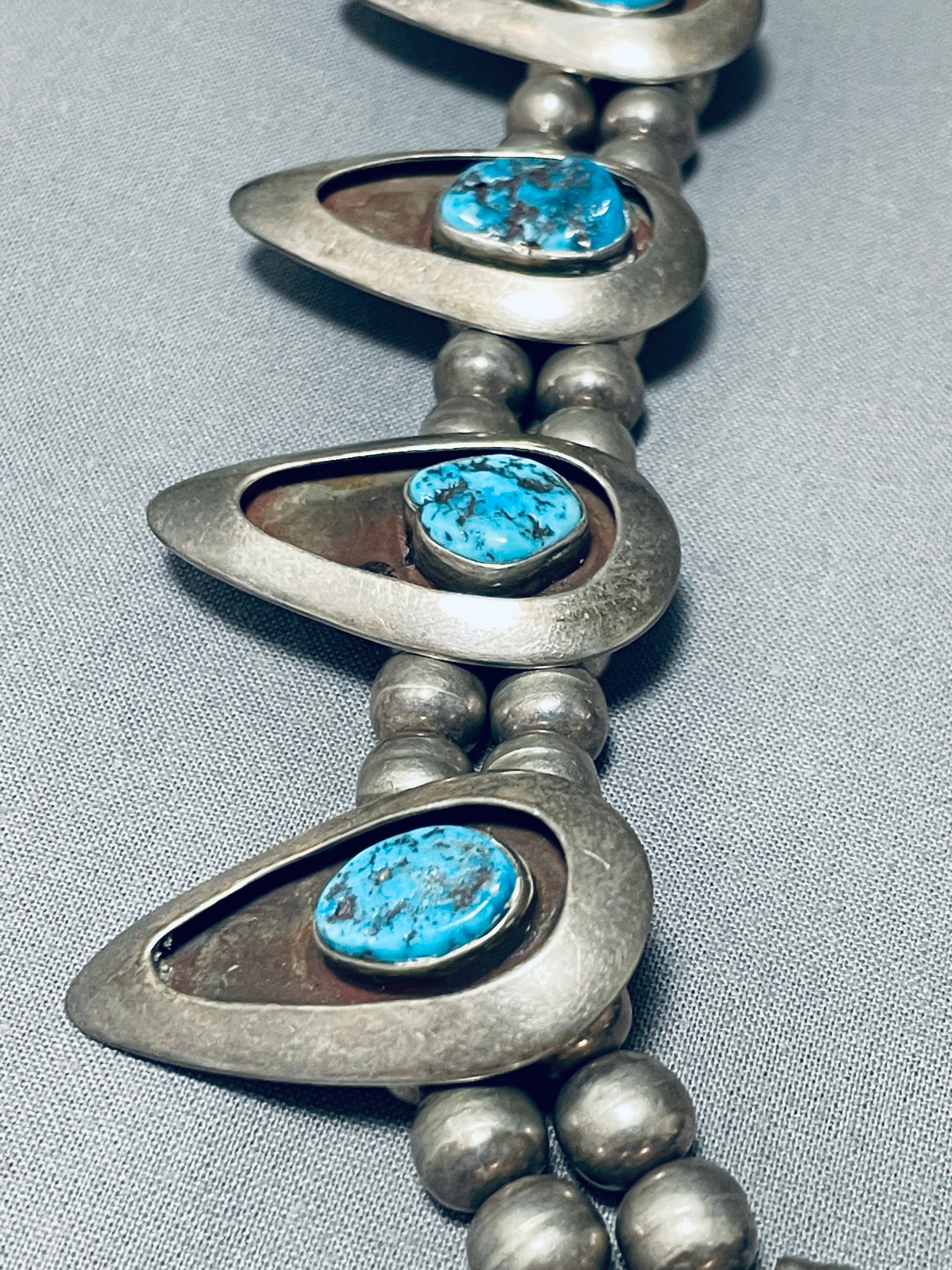 200 Gram Vintage Native American Navajo Turquoise Sterling Silver Squash Blossom Necklace - Handmade Jewelry for Women, Perfect for Boho Fashion, Weddings & Special Occasions